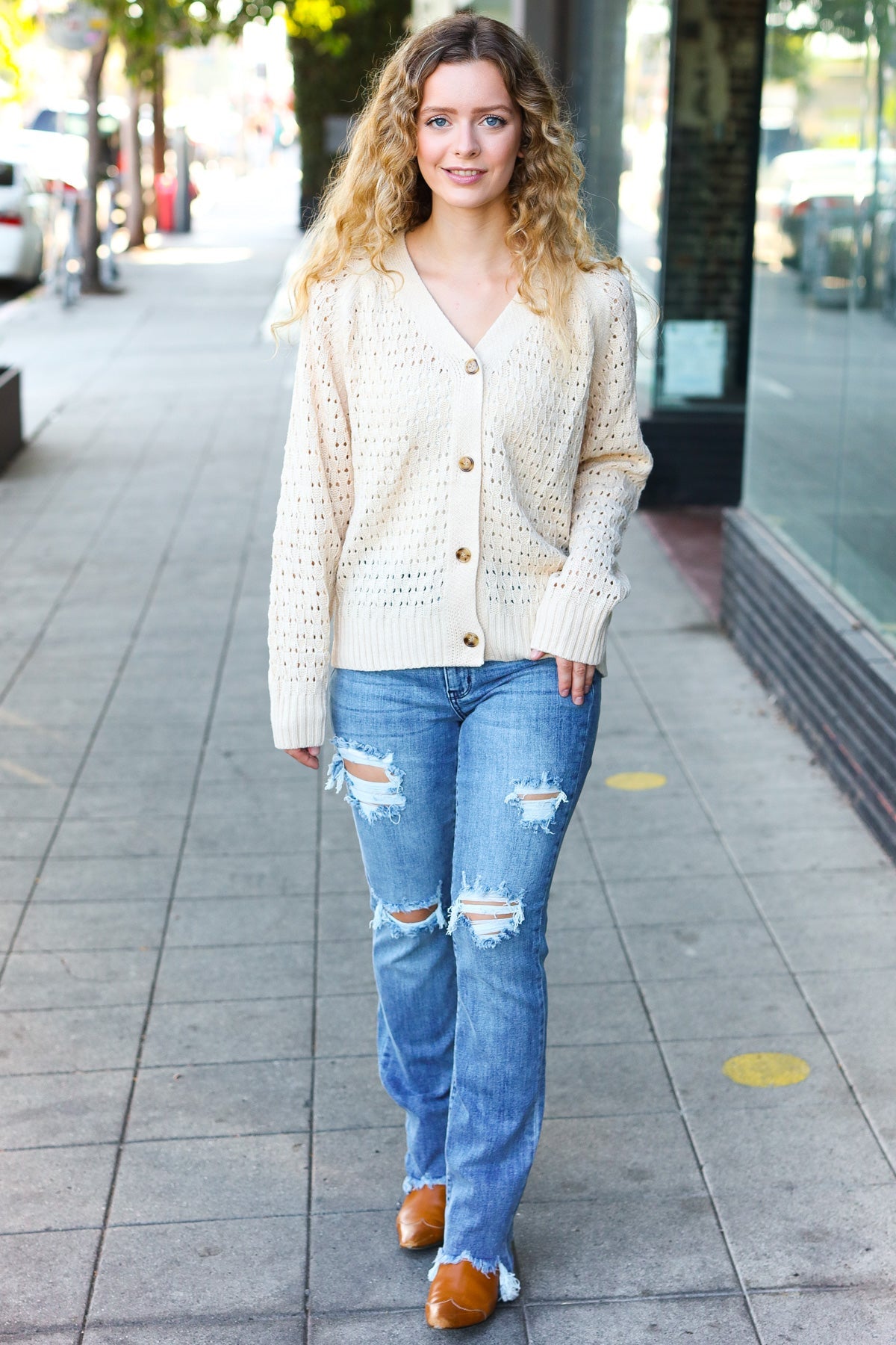 Wallflower Pointelle Knit Button Down Cardigan • Oatmeal