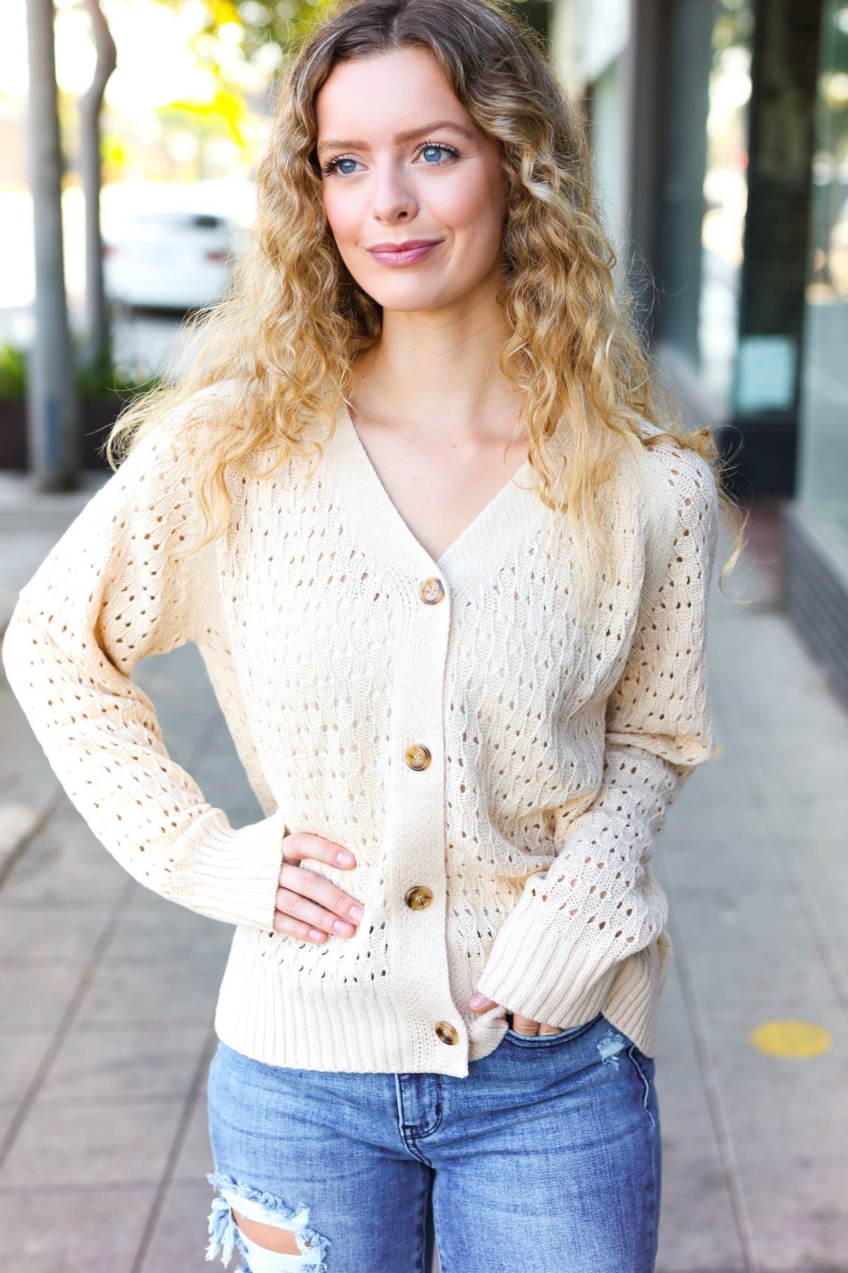 Wallflower Pointelle Knit Button Down Cardigan • Oatmeal