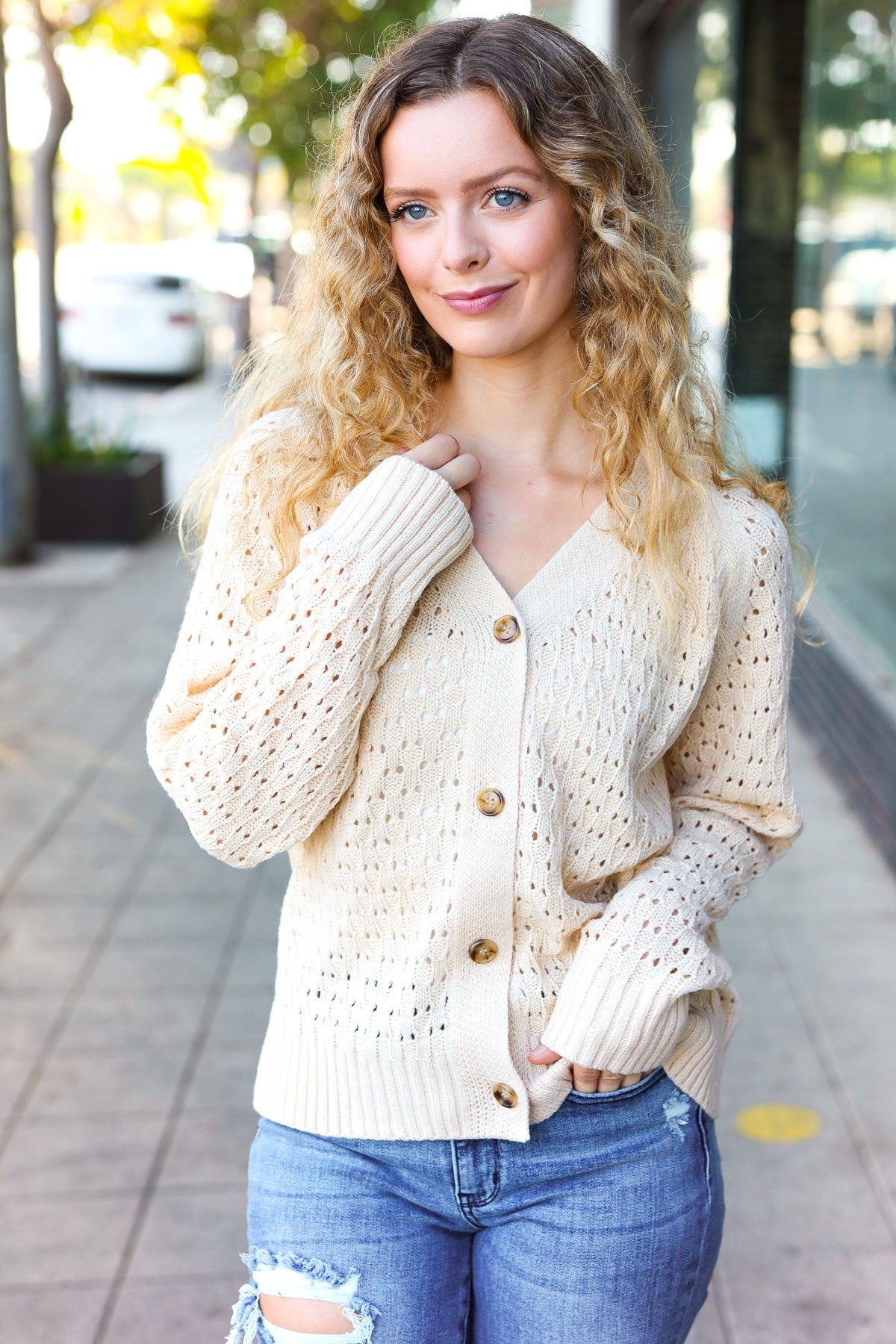 Wallflower Pointelle Knit Button Down Cardigan • Oatmeal