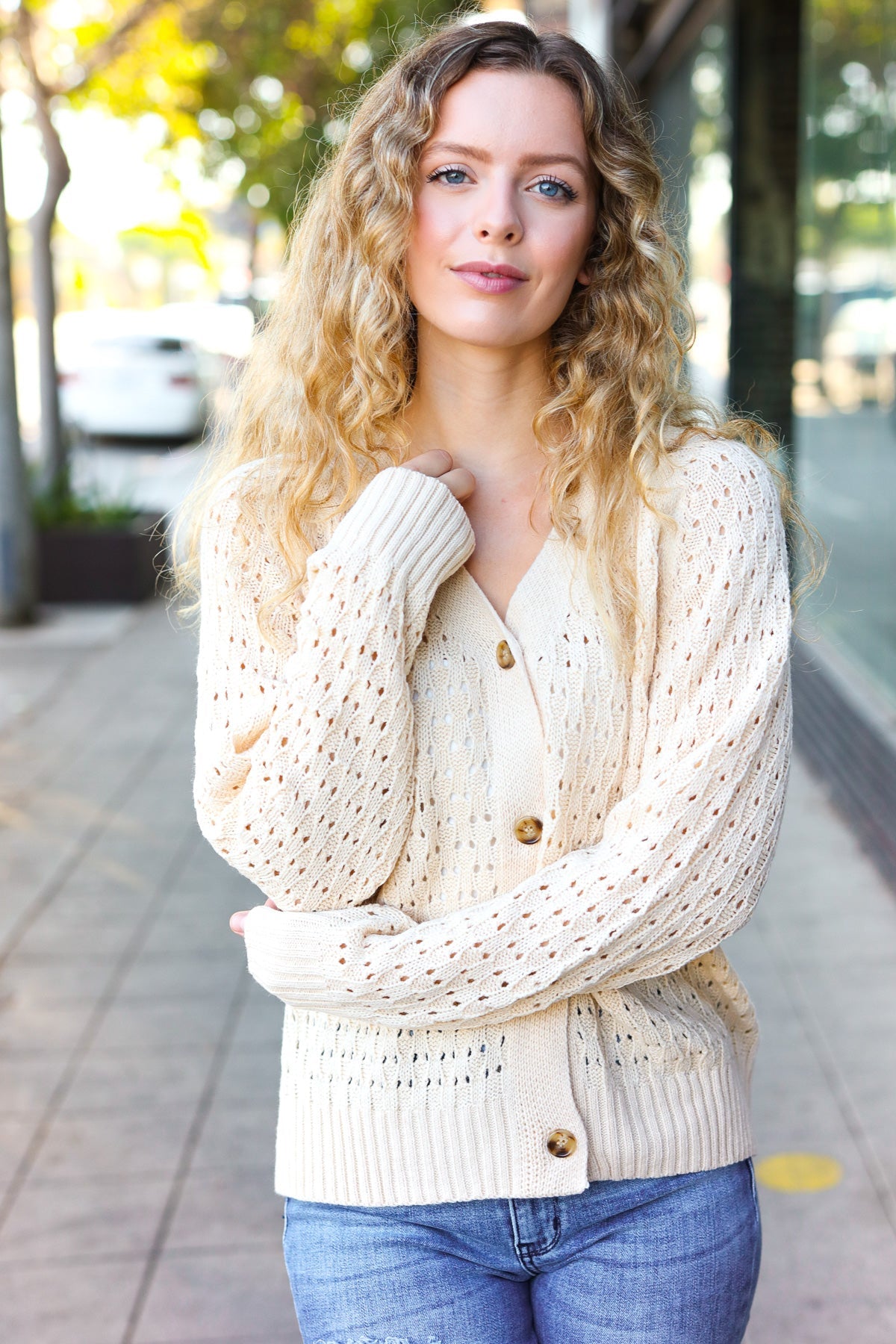 Wallflower Pointelle Knit Button Down Cardigan • Oatmeal