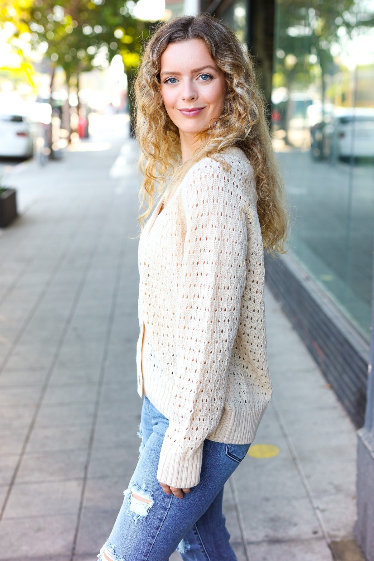 Wallflower Pointelle Knit Button Down Cardigan • Oatmeal
