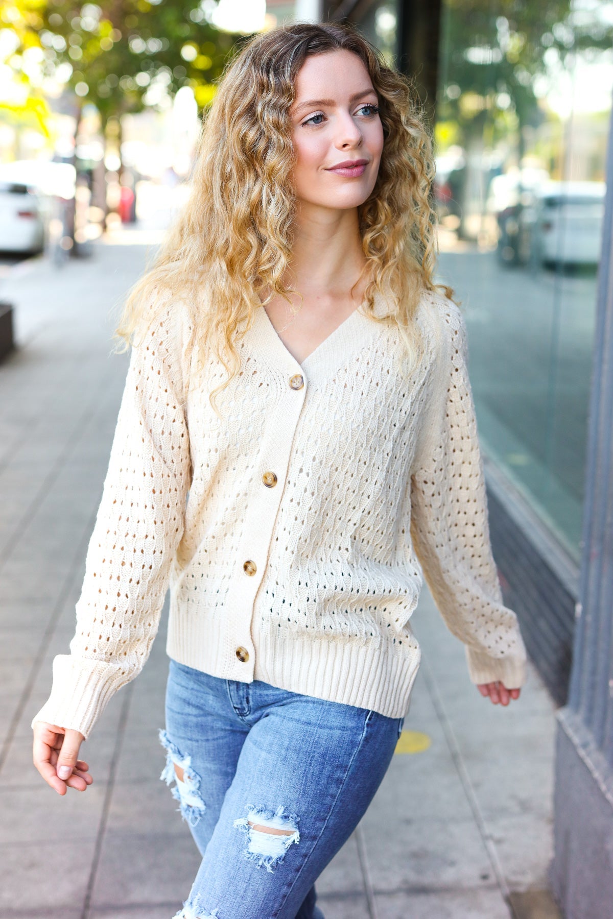 Wallflower Pointelle Knit Button Down Cardigan • Oatmeal