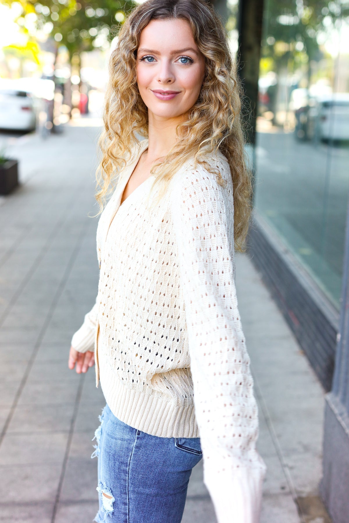 Wallflower Pointelle Knit Button Down Cardigan • Oatmeal