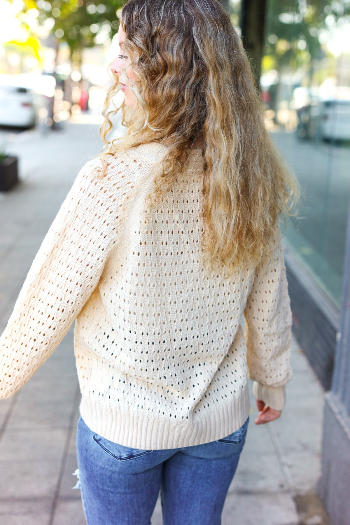 Wallflower Pointelle Knit Button Down Cardigan • Oatmeal