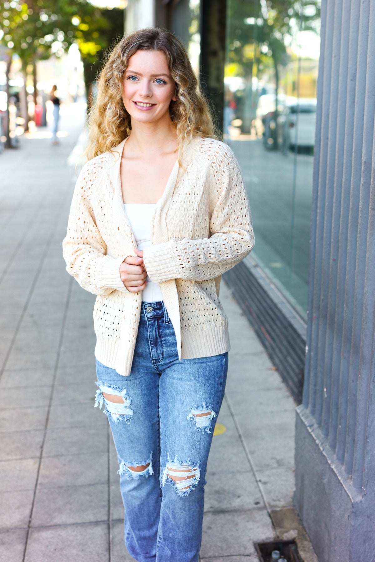Wallflower Pointelle Knit Button Down Cardigan • Oatmeal