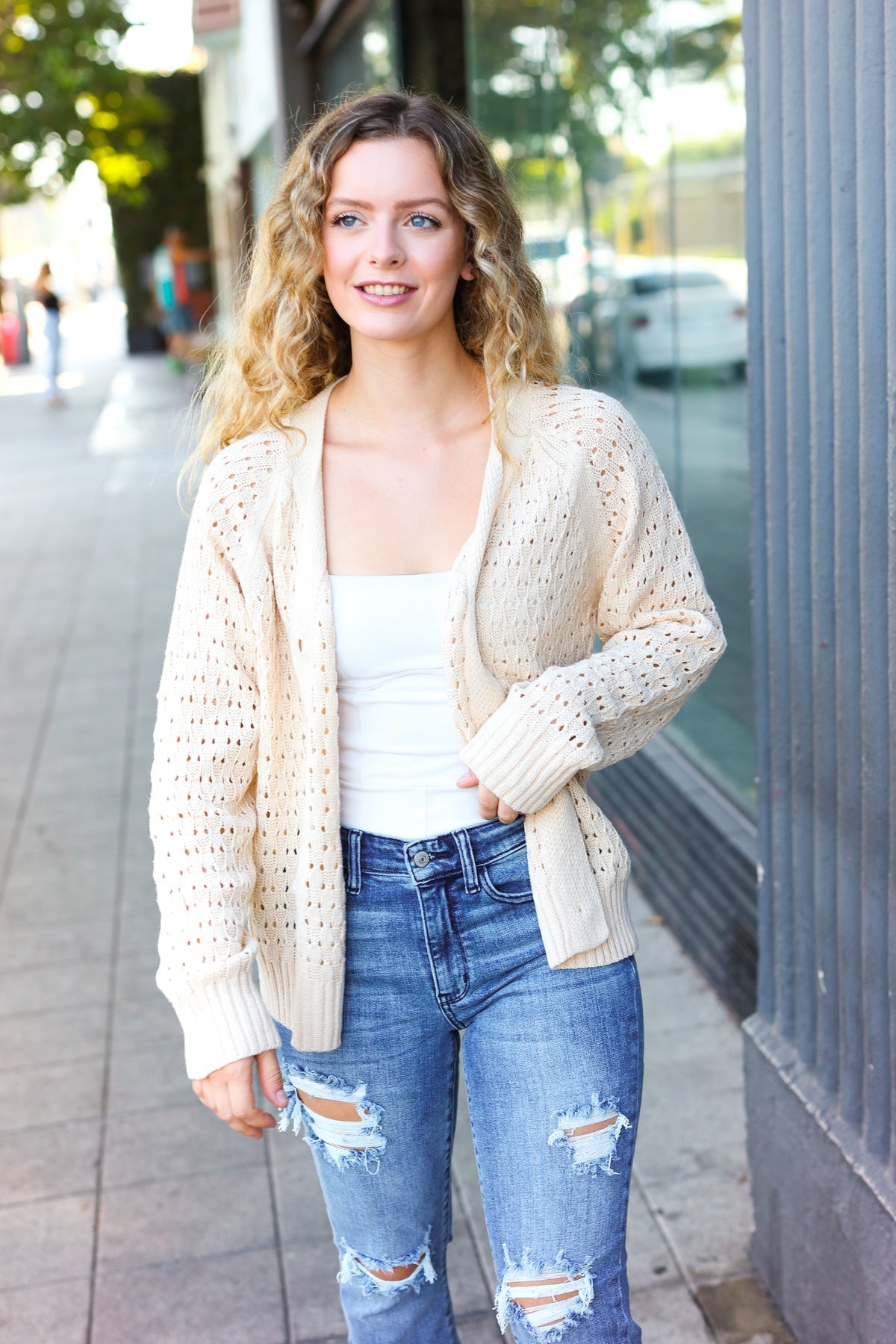 Wallflower Pointelle Knit Button Down Cardigan • Oatmeal