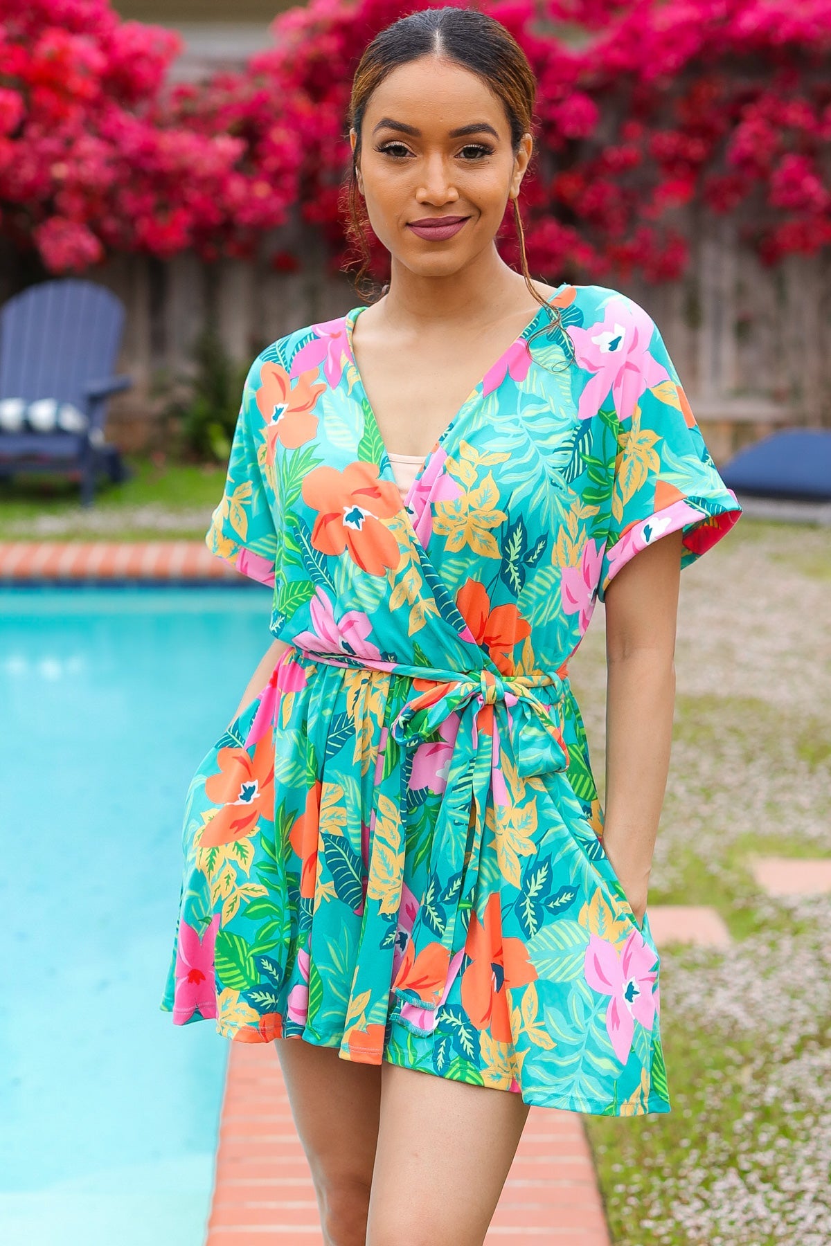 Tropical Vibes Floral Surplice Tie Waist Romper