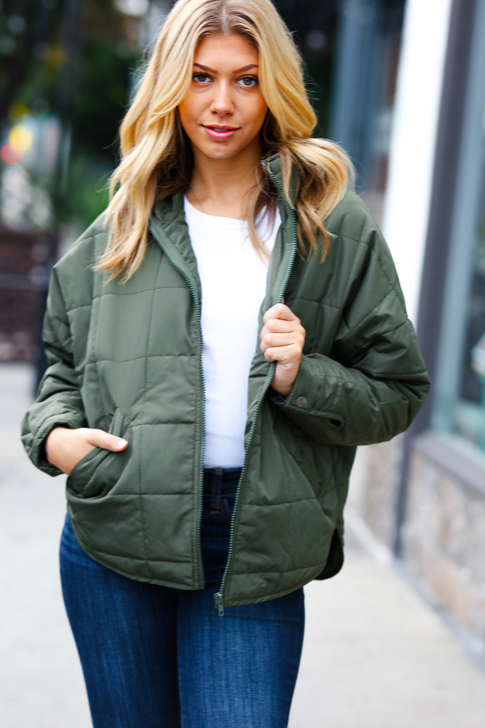 Eyes On You Quilted Puffer Jacket • Olive