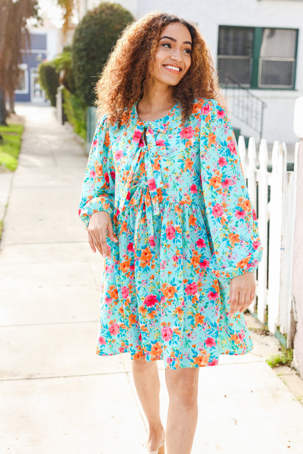 I Hear Ya Floral Ribbon Bow Tie Babydoll Dress