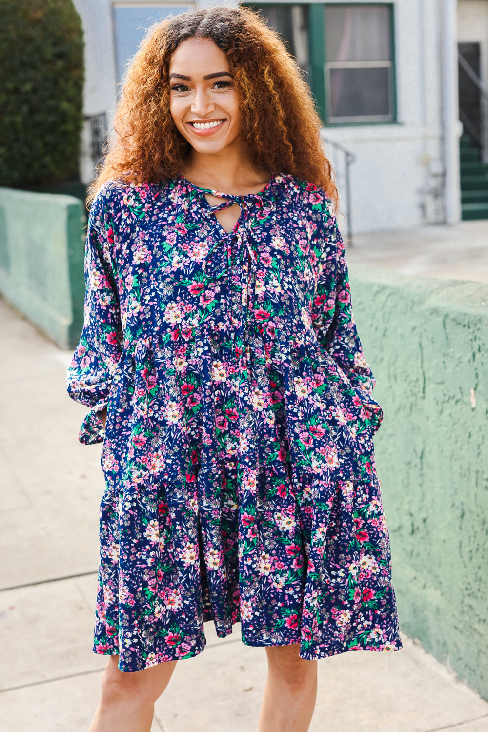 Back In Town Floral Bow Tie Babydoll Ruffle Sleeve Dress