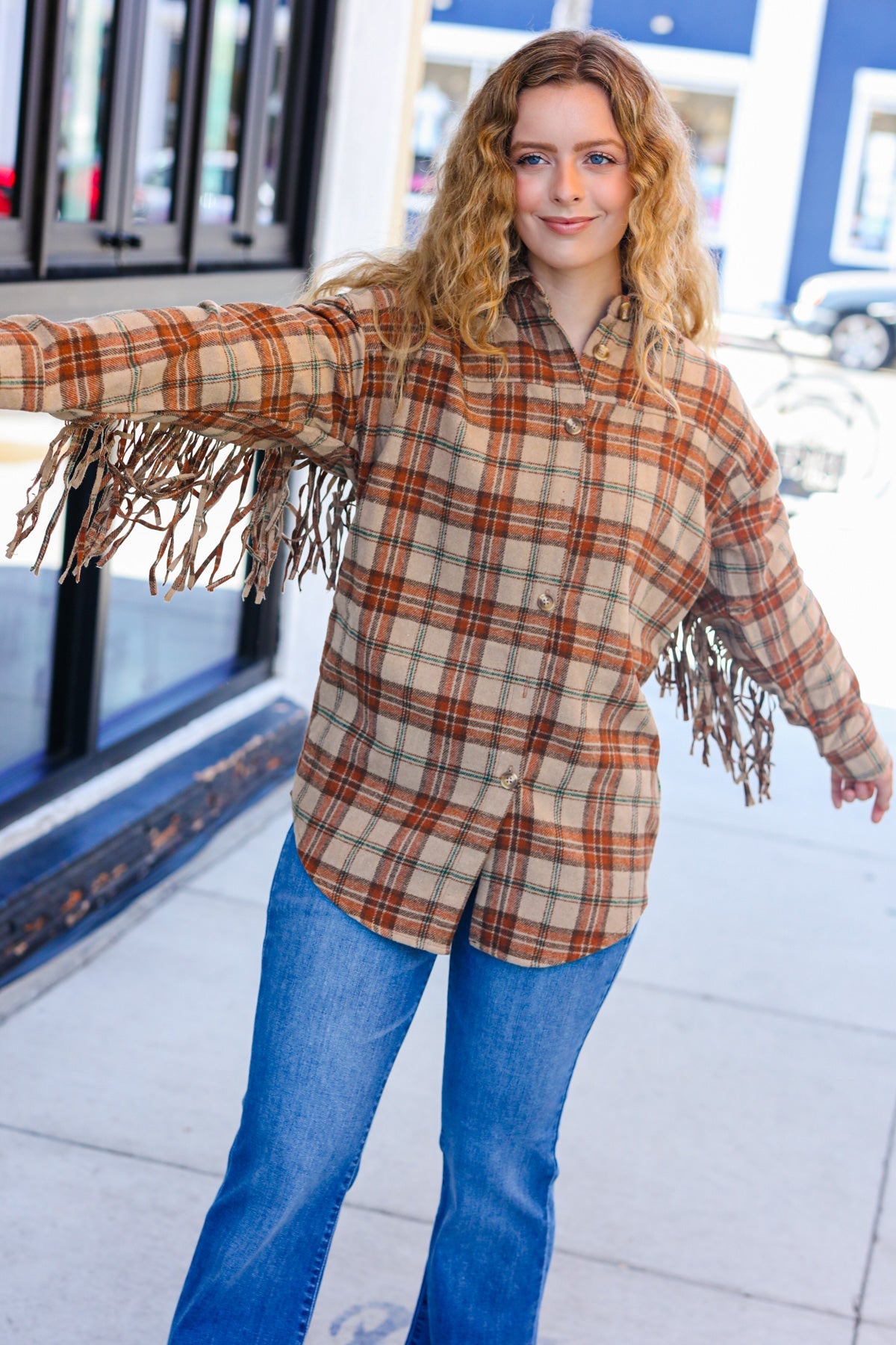 So Many Likes Plaid Fringe Button Down Shacket • Taupe & Rust