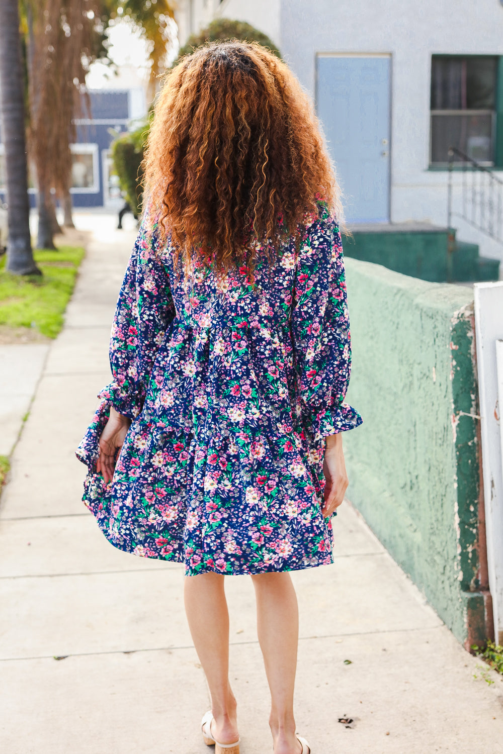 Back In Town Floral Bow Tie Babydoll Ruffle Sleeve Dress