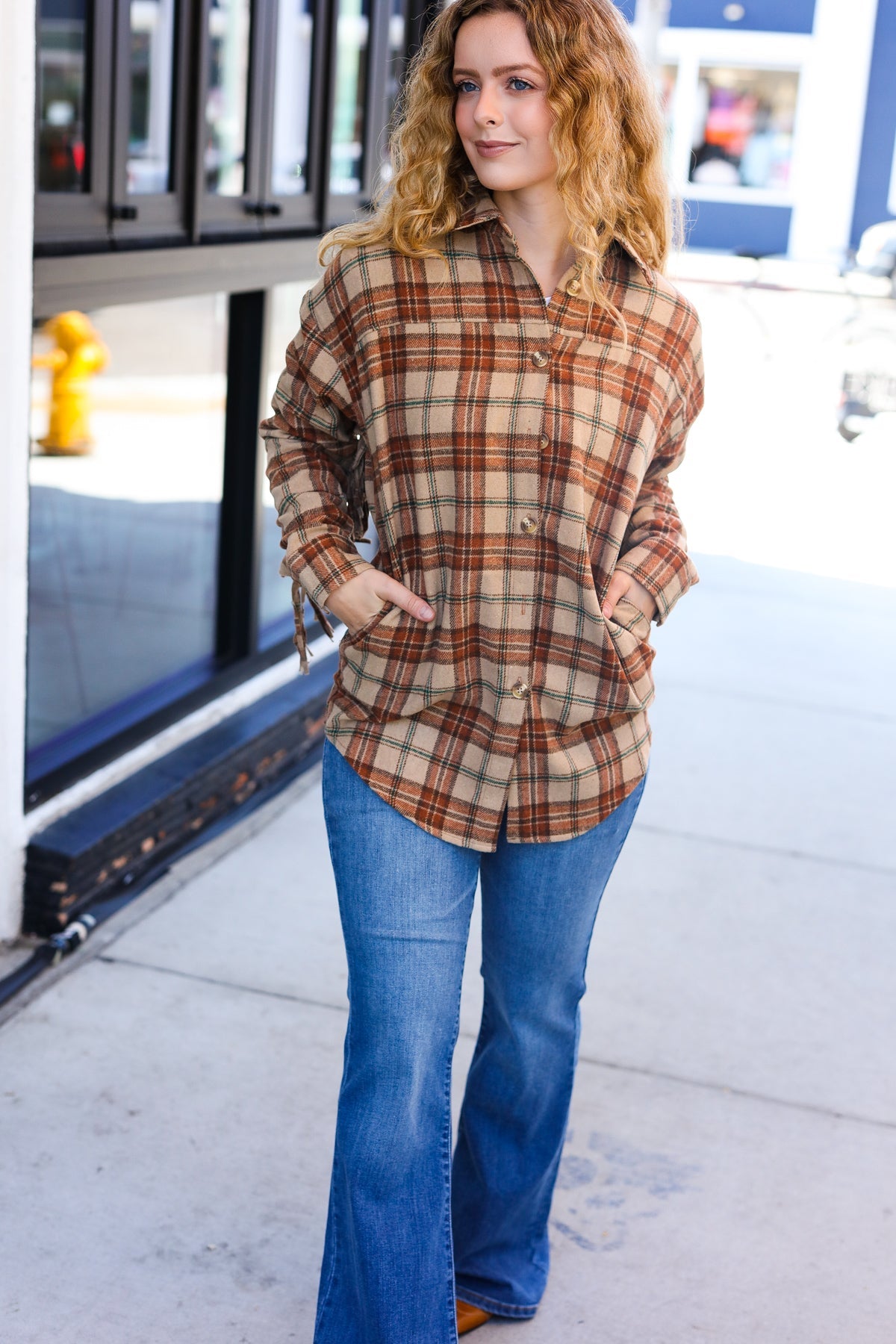 So Many Likes Plaid Fringe Button Down Shacket • Taupe & Rust
