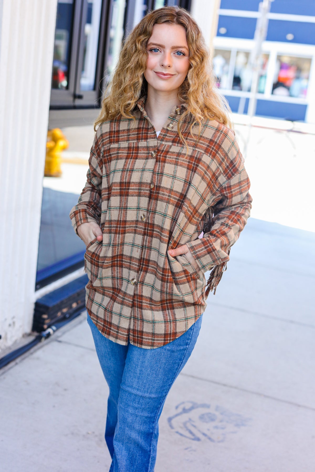 So Many Likes Plaid Fringe Button Down Shacket • Taupe & Rust