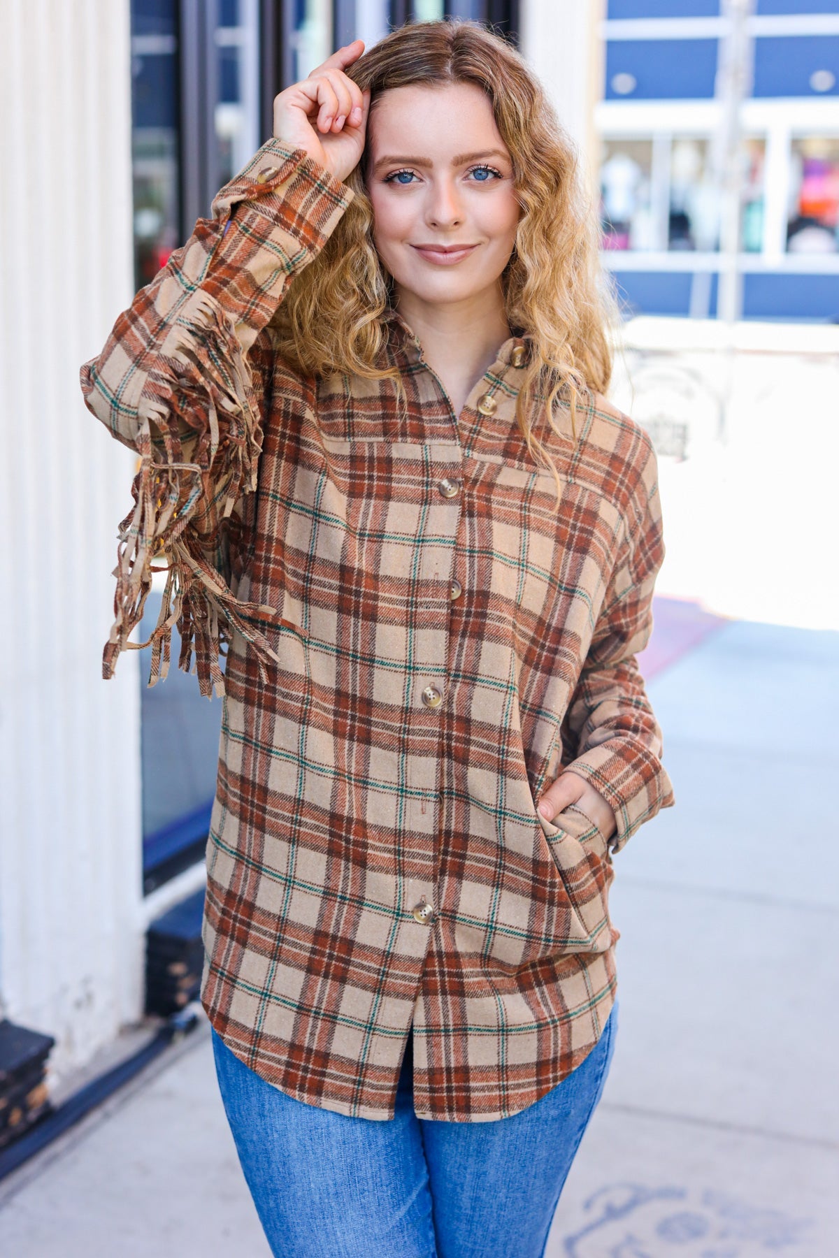 So Many Likes Plaid Fringe Button Down Shacket • Taupe & Rust