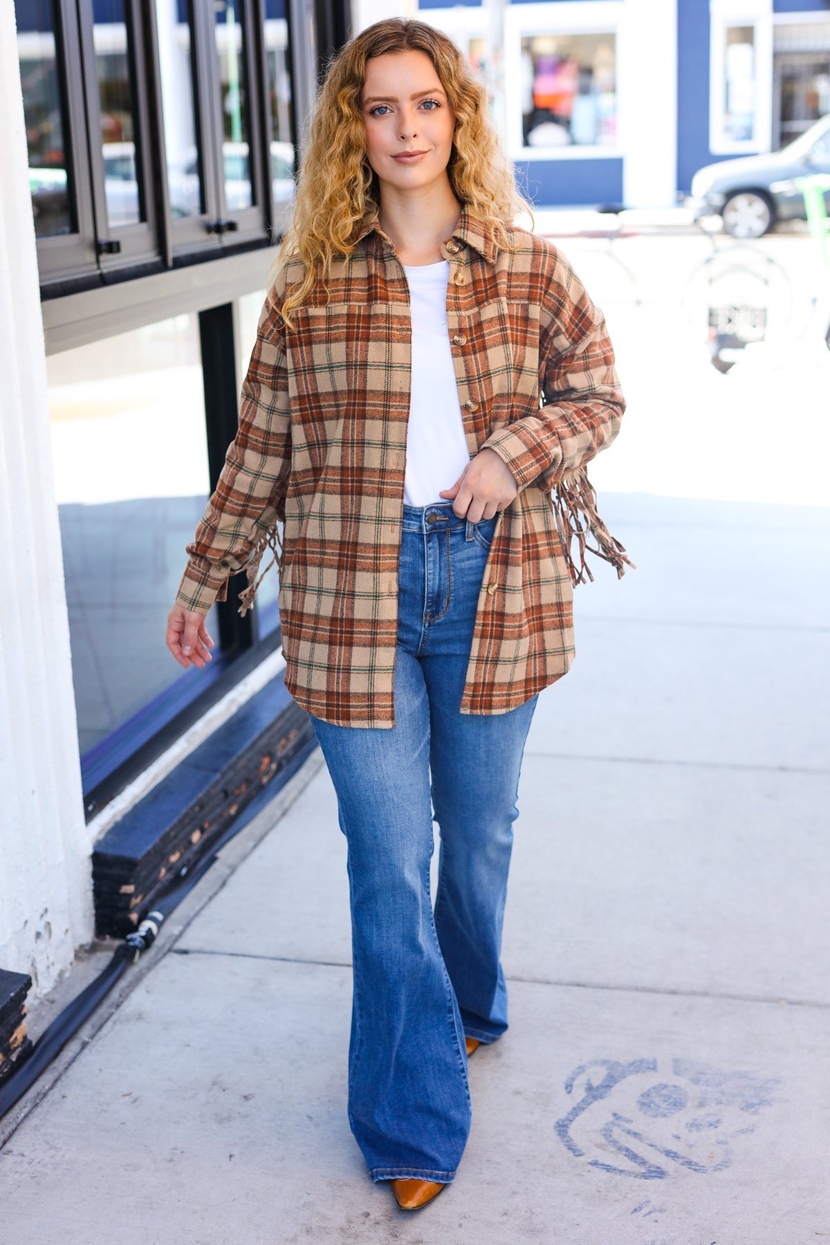 So Many Likes Plaid Fringe Button Down Shacket • Taupe & Rust