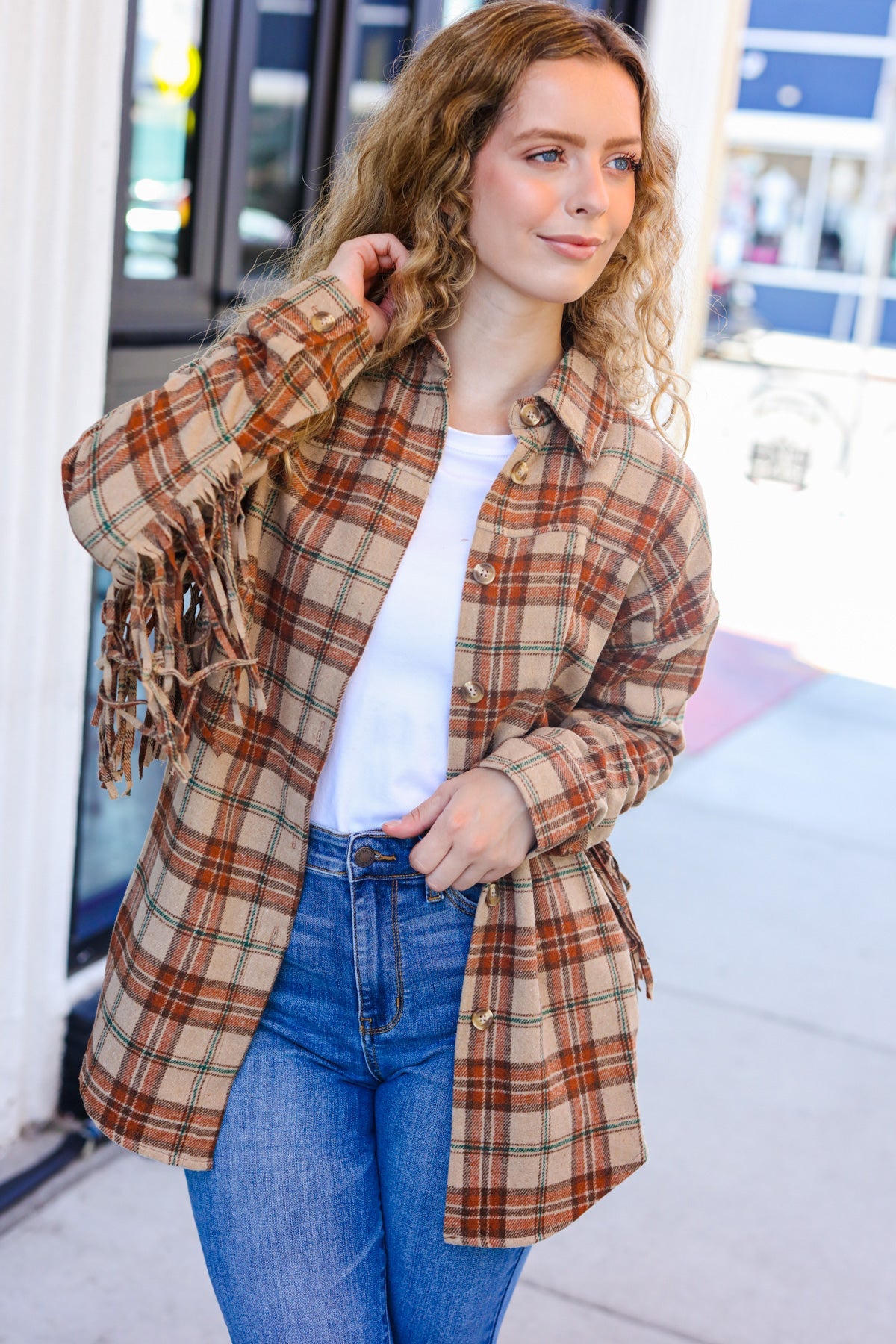 So Many Likes Plaid Fringe Button Down Shacket • Taupe & Rust