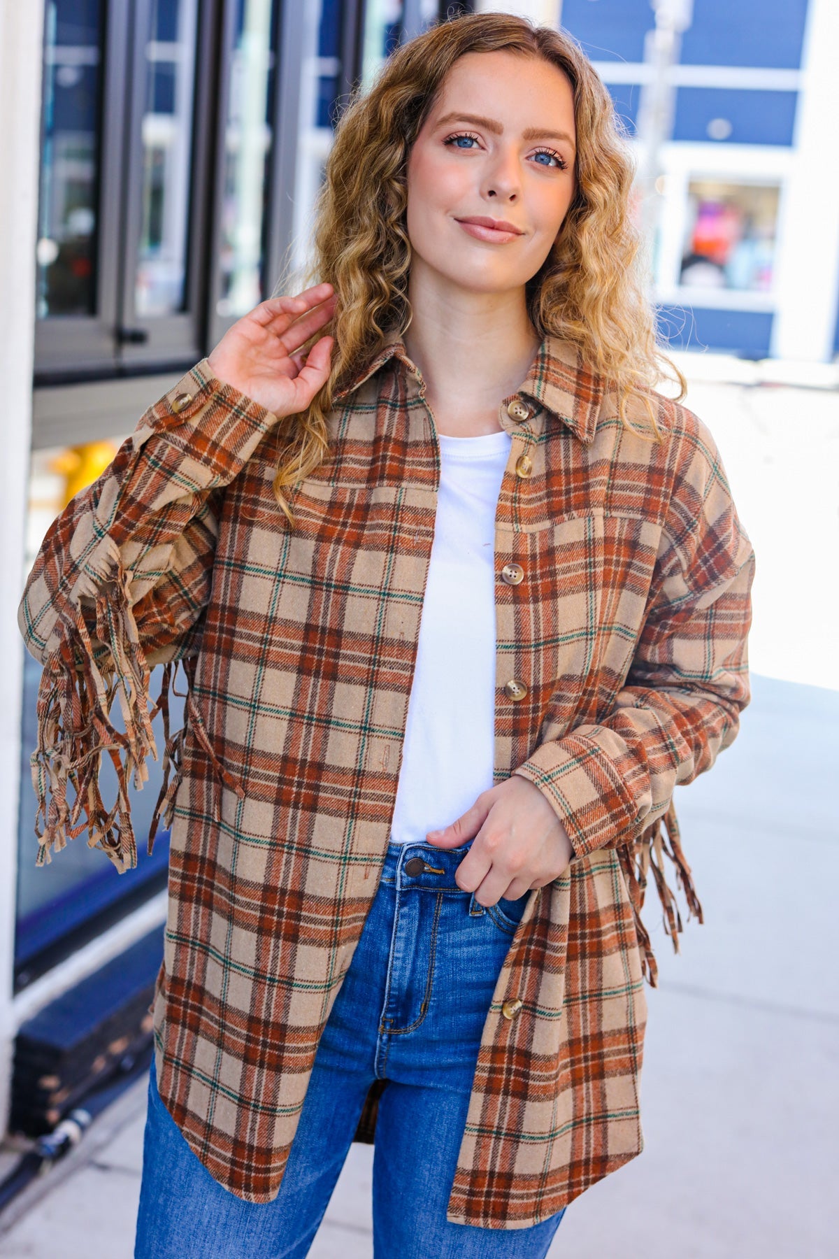 So Many Likes Plaid Fringe Button Down Shacket • Taupe & Rust
