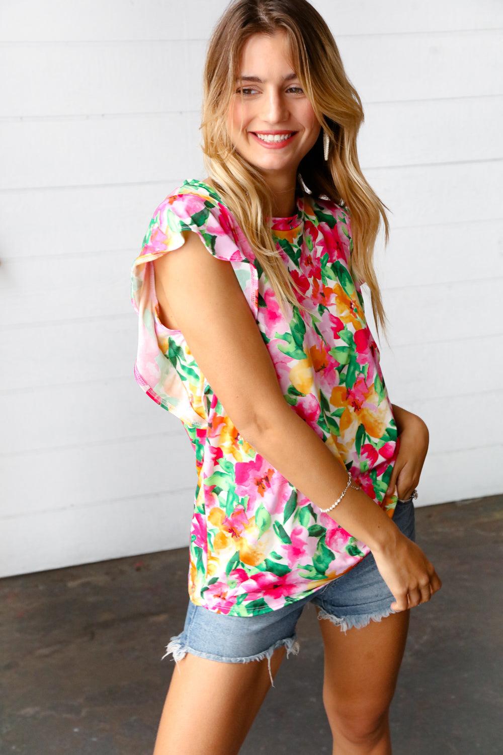 Vanessa Watercolor Floral Ruffle Sleeve Top - Atomic Wildflower