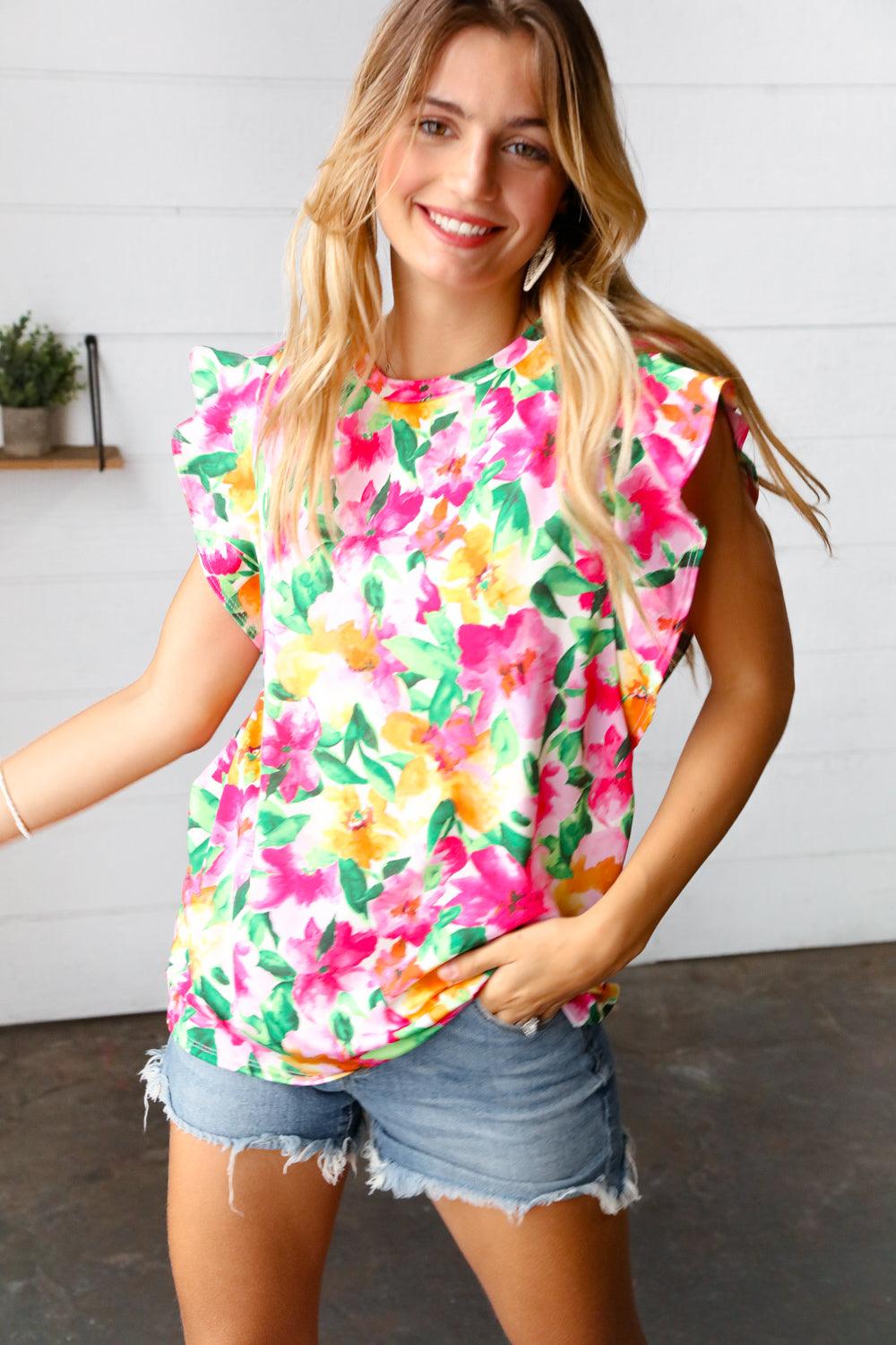 Vanessa Watercolor Floral Ruffle Sleeve Top - Atomic Wildflower