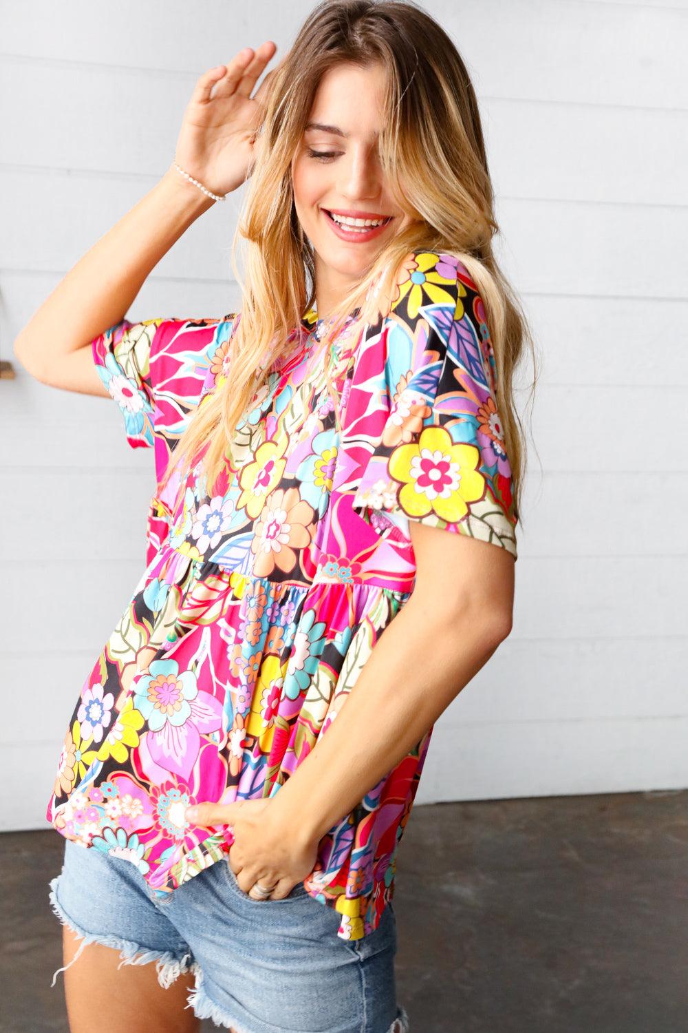 Retro Blossom Floral Babydoll Top - Atomic Wildflower