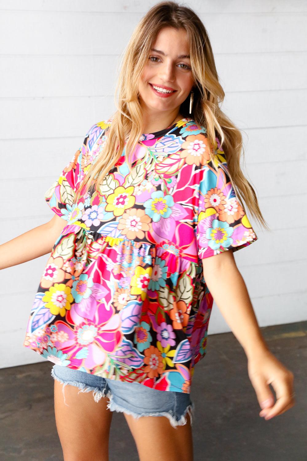 Retro Blossom Floral Babydoll Top - Atomic Wildflower