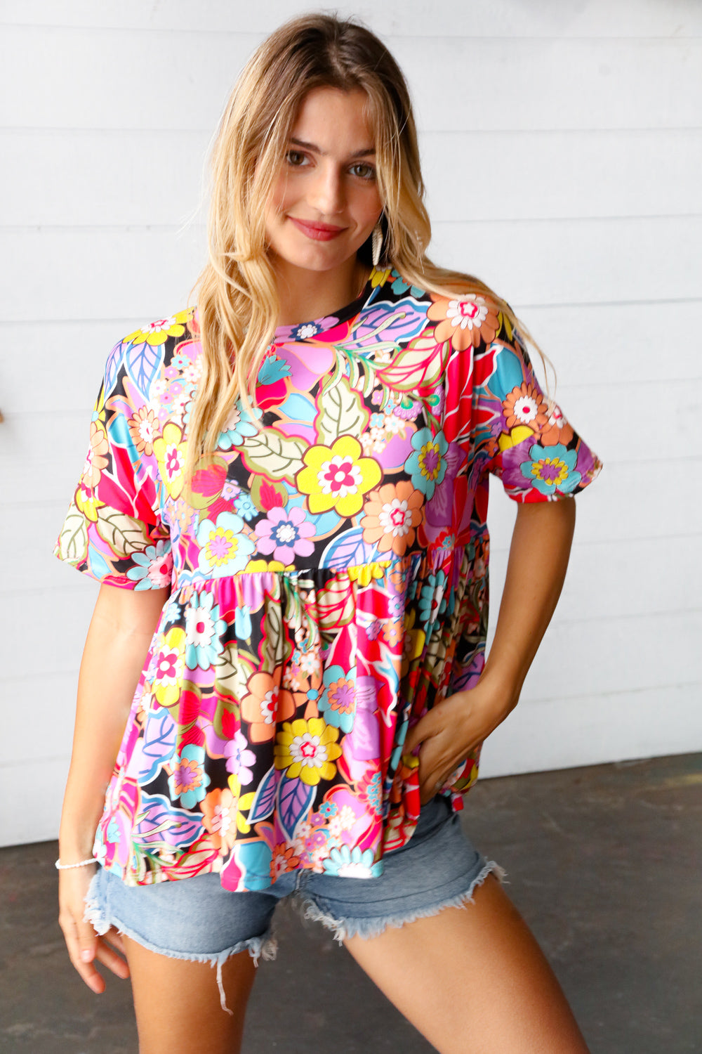 Retro Blossom Floral Babydoll Top