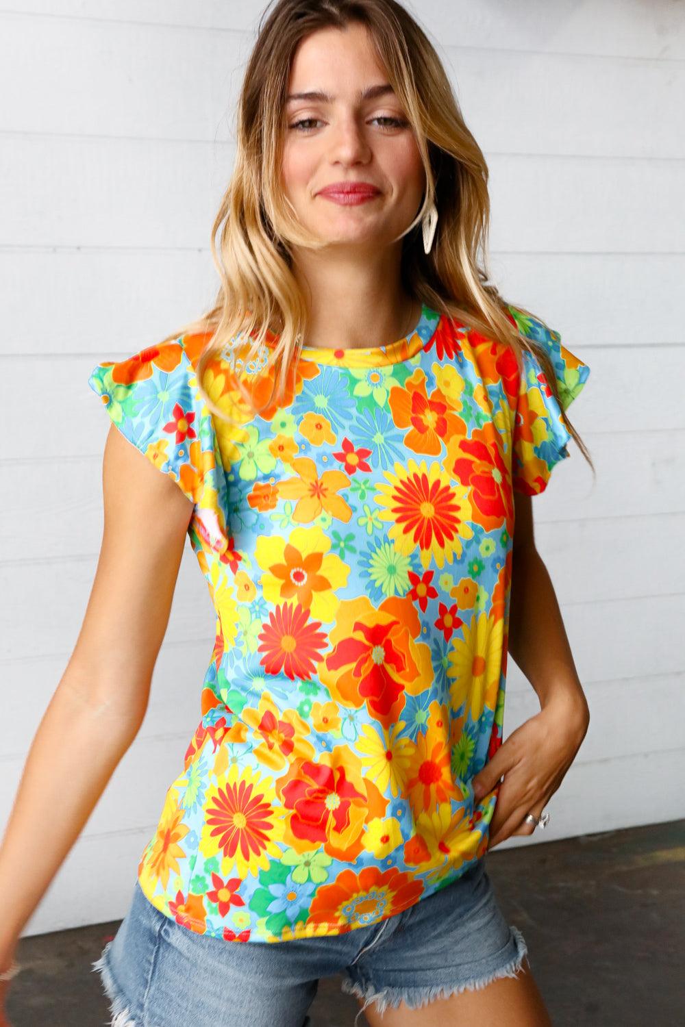 Perfect Day Floral Flutter Sleeve Top - Atomic Wildflower