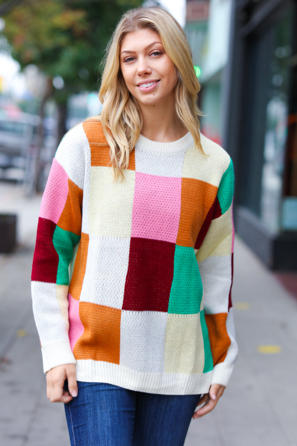 Adorable In Checker Jacquard Knit Sweater