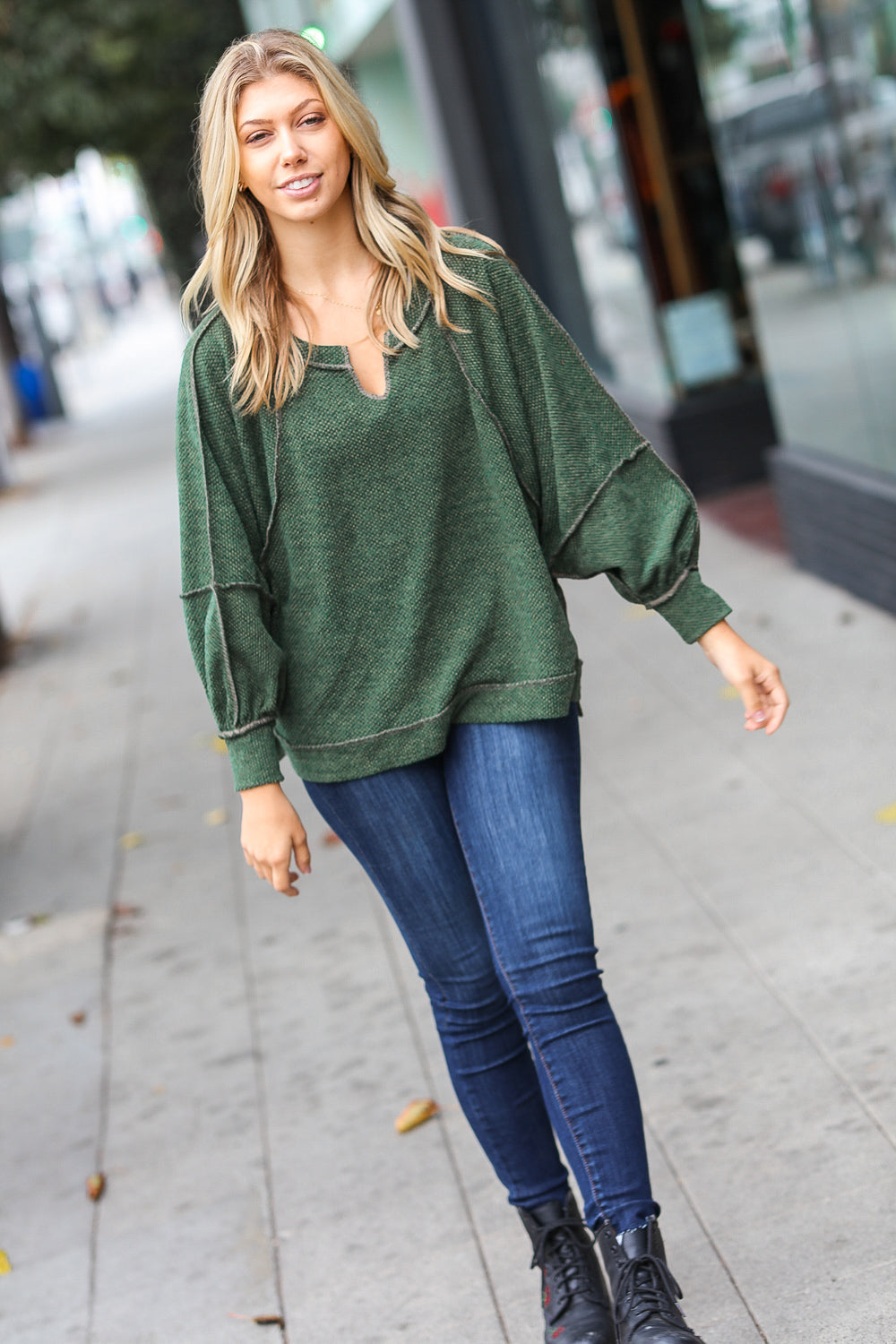 The Slouchy Two Tone Knit Notched Raglan Top • Green