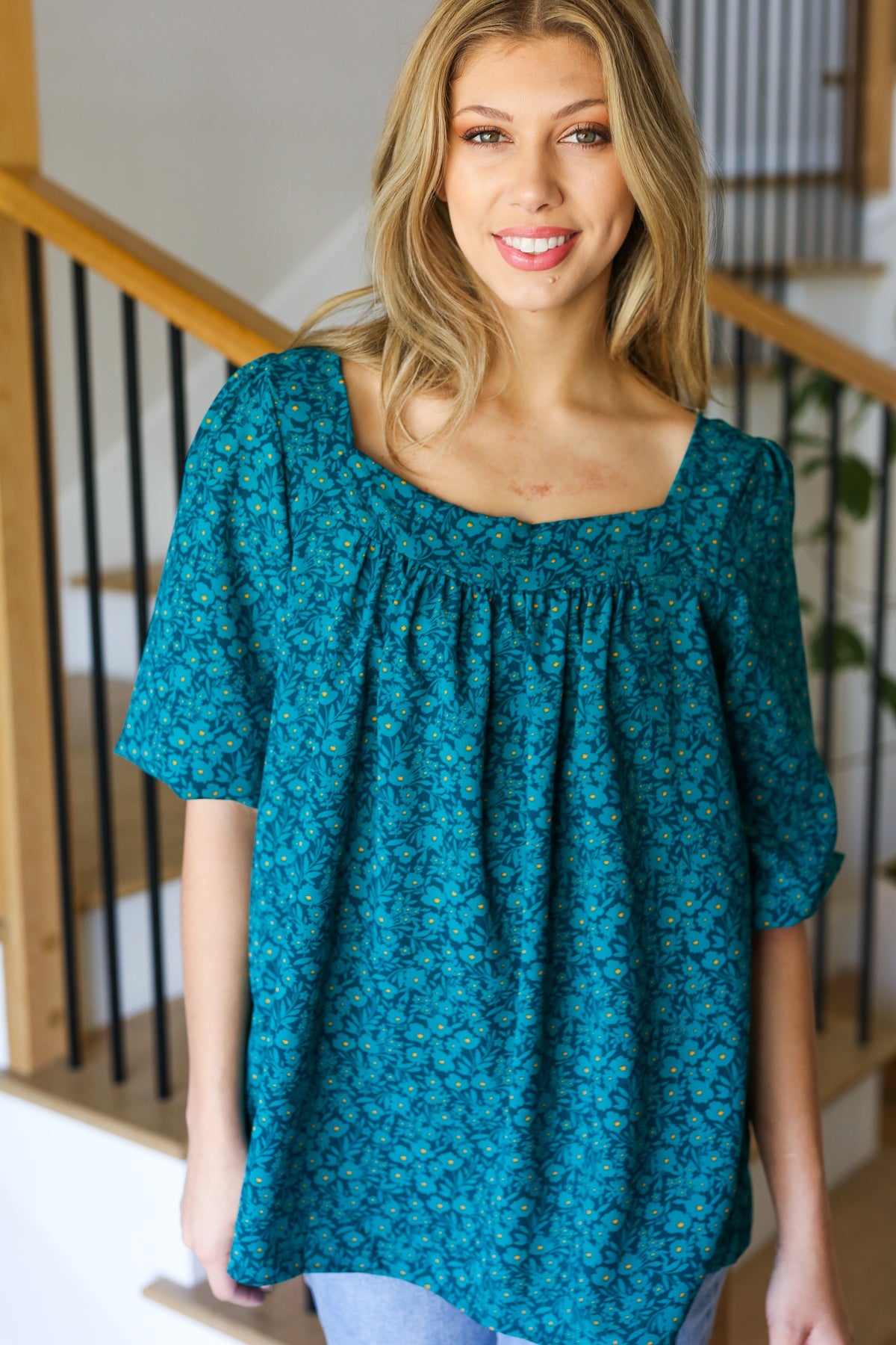 Perfectly You Floral Square Neck Top • Teal