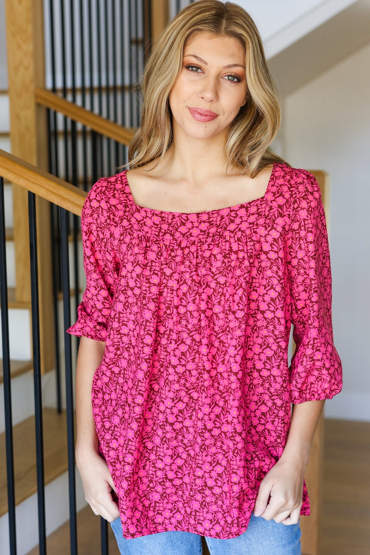 Perfectly You Floral Square Neck Top • Fuchsia