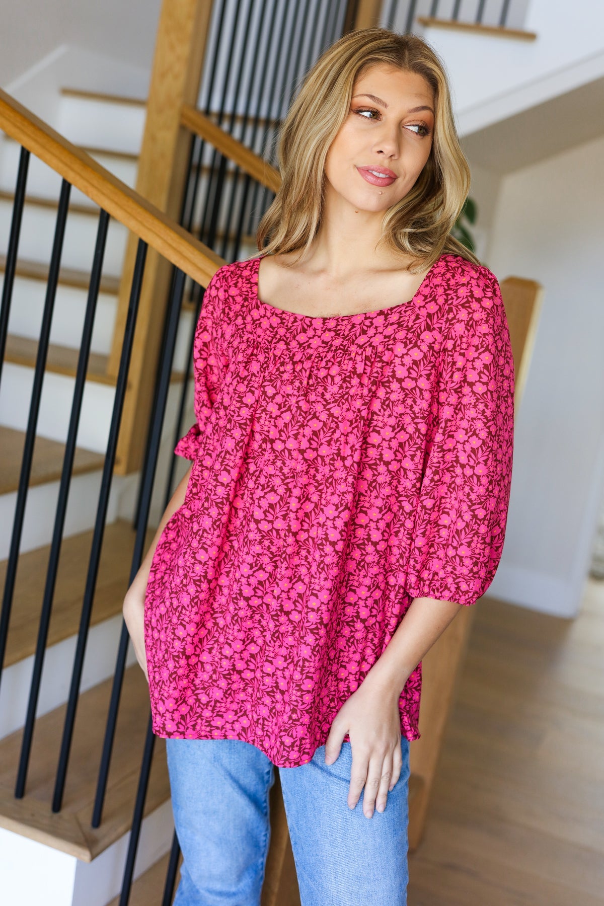 Perfectly You Floral Square Neck Top • Fuchsia