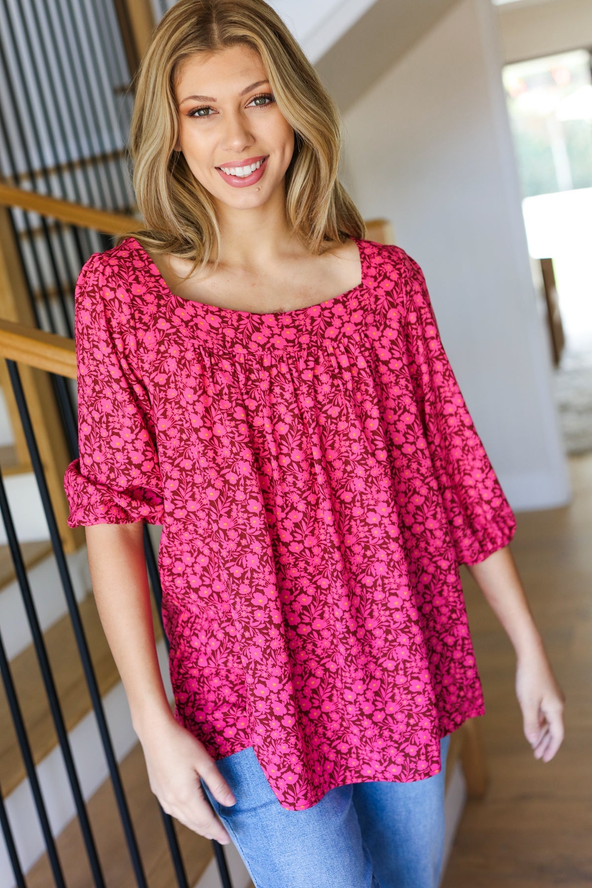 Perfectly You Floral Square Neck Top • Fuchsia