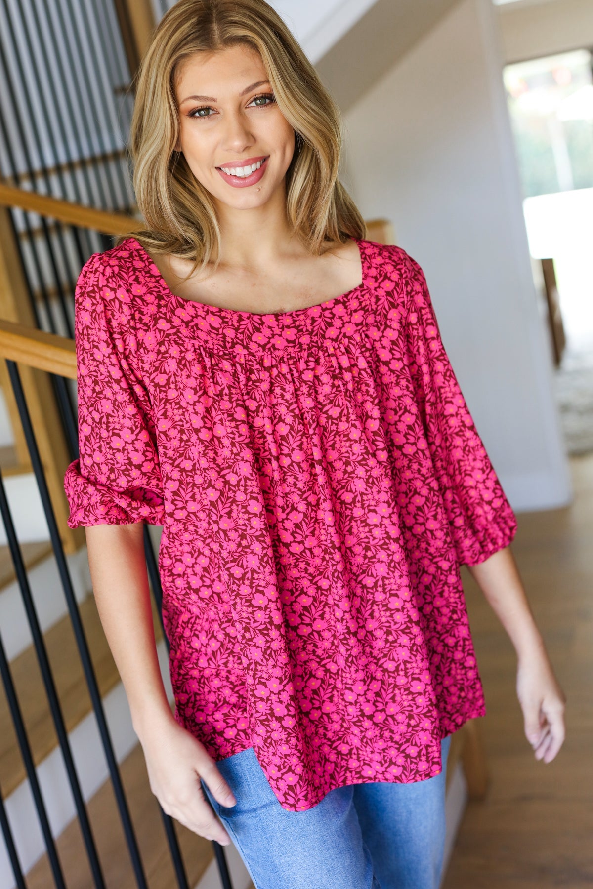 Perfectly You Floral Square Neck Top • Fuchsia