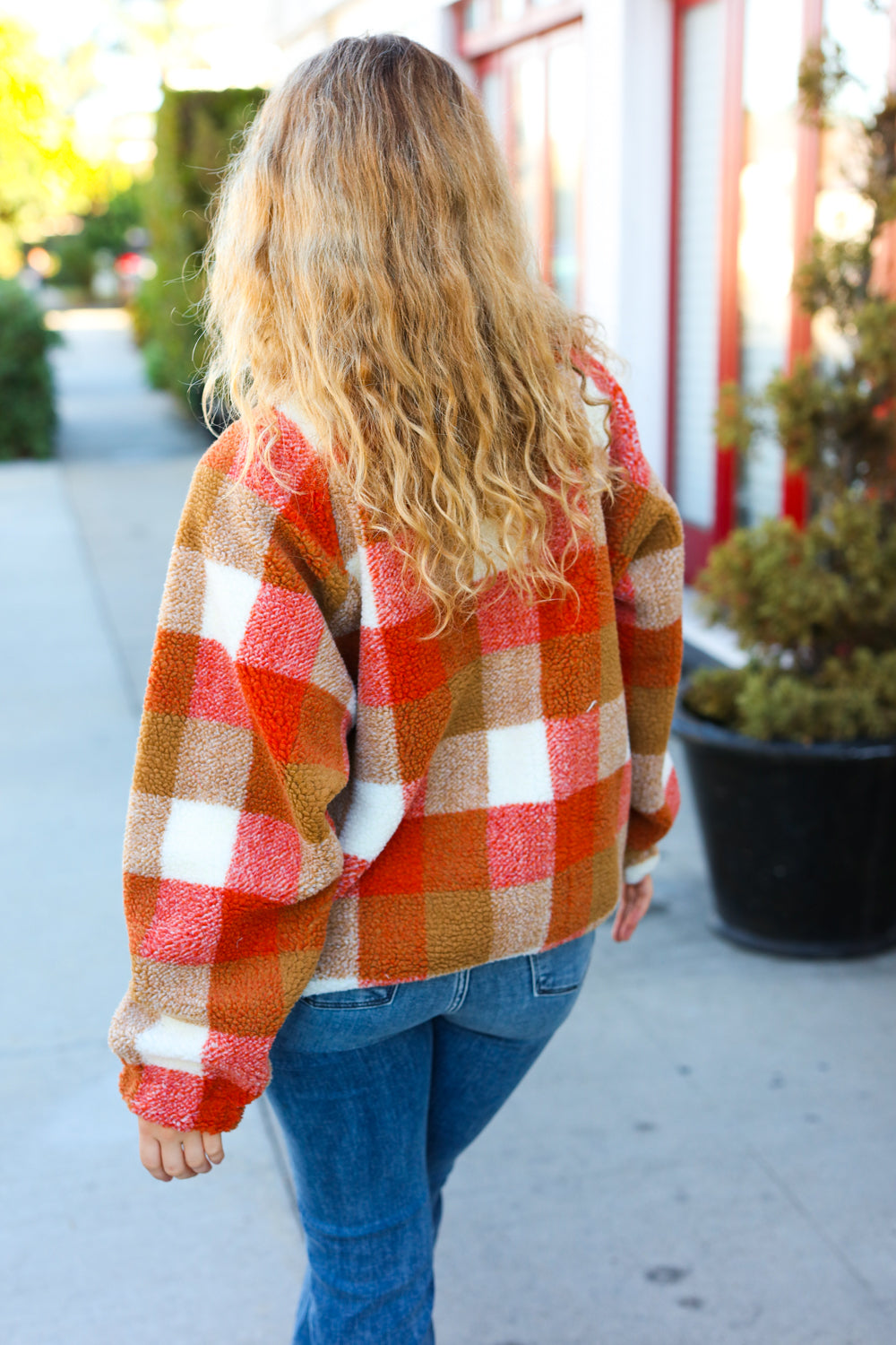 It's Your Best Plaid Sherpa Button Down Jacket • Rust