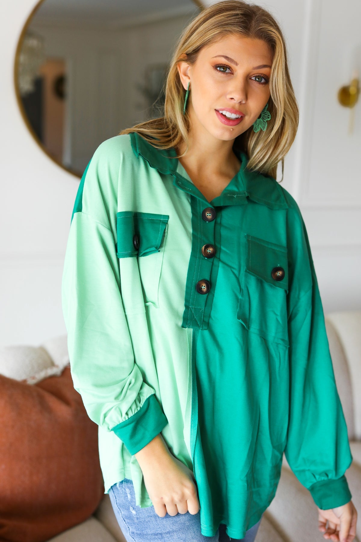 On The Way Up Color Block Button Down Pullover • Mint