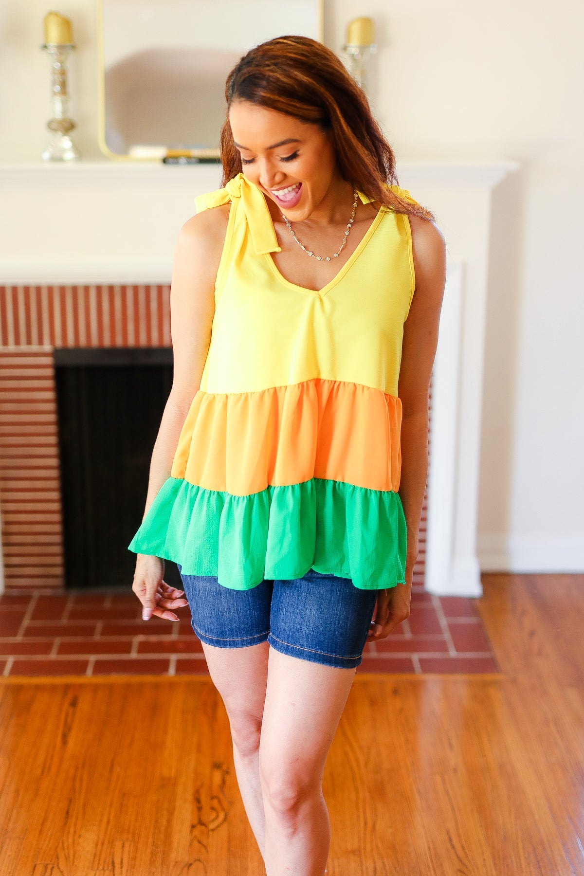 Summer Takedown Tiered Shoulder Tie Crepe Top