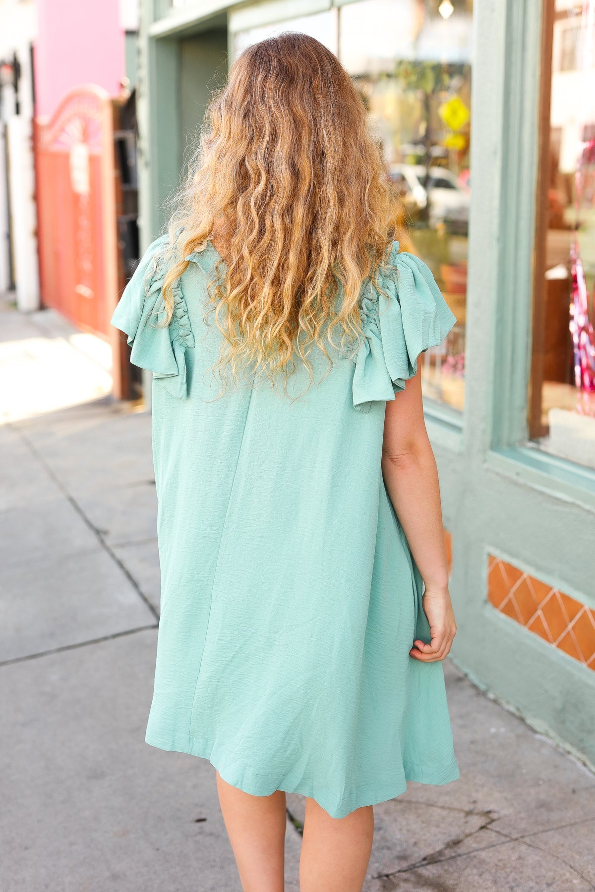 Out For The Day Crinkle Woven Ruffle Sleeve Dress • Sage