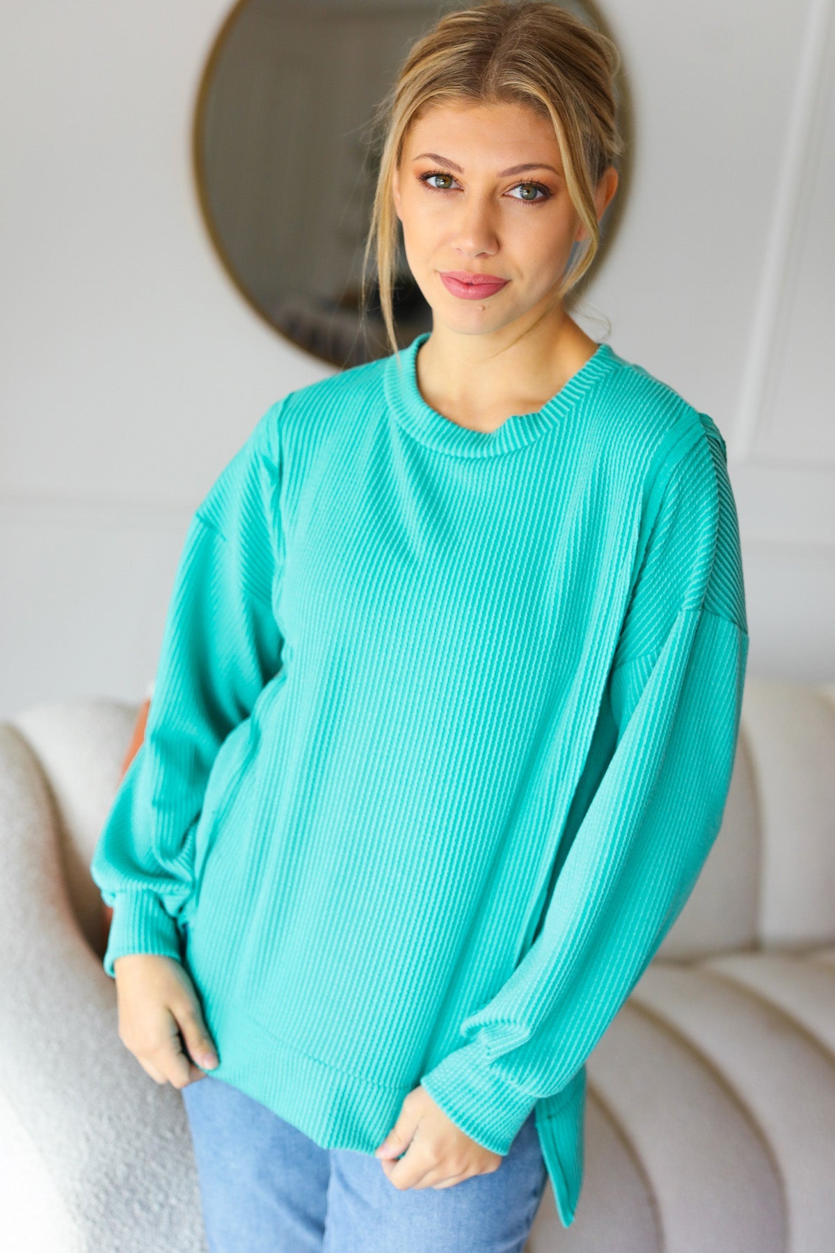 Live For Today Mineral Washed Rib Knit Pullover • Mint