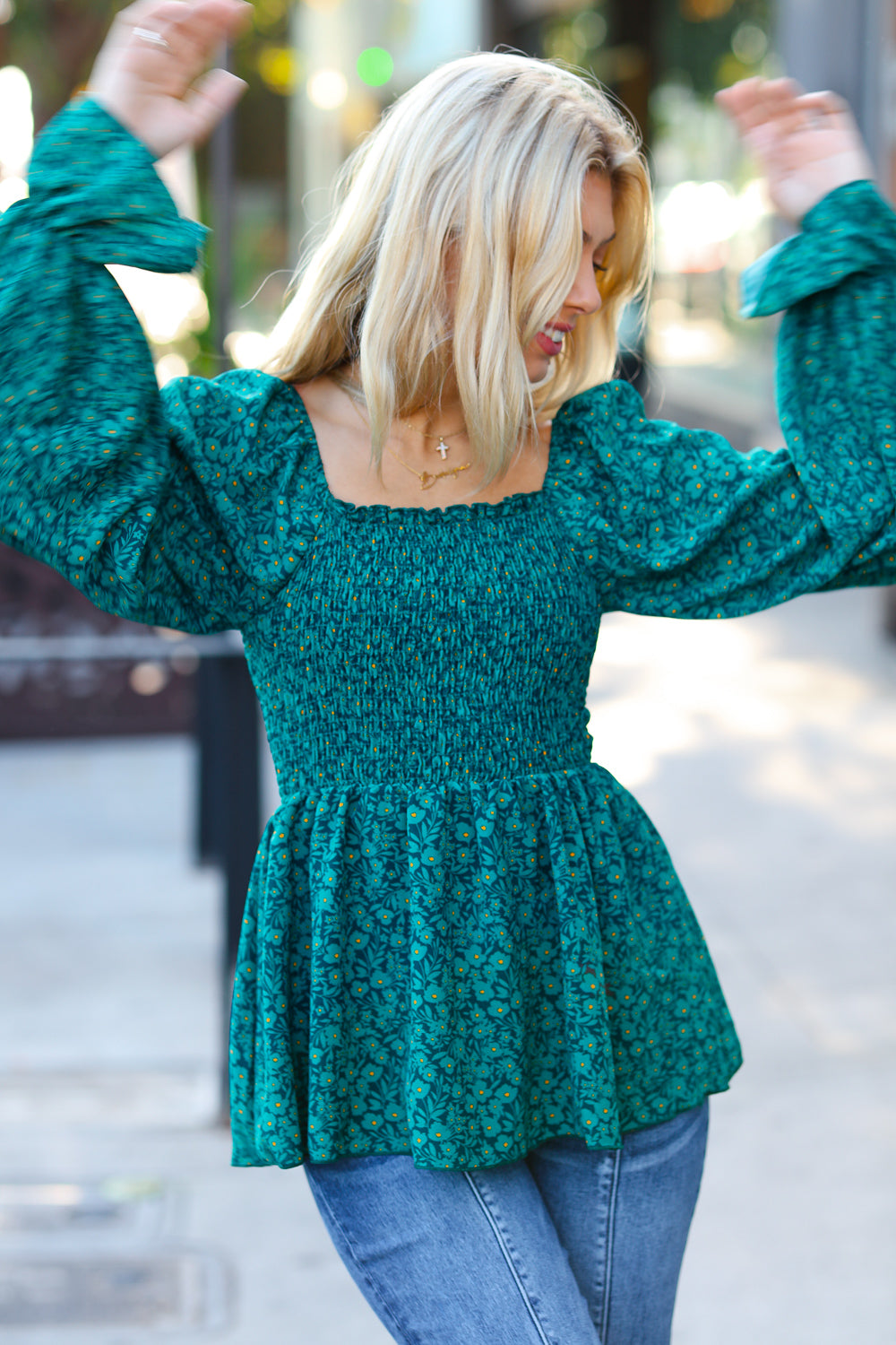 Always With You Smocked Ditzy Floral Ruffle Top • Teal