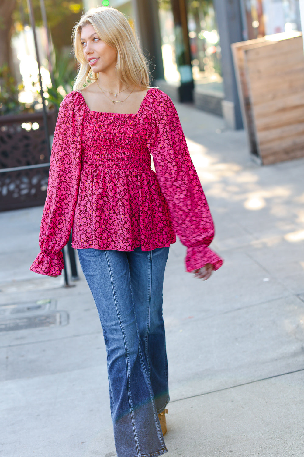 Always With You Smocked Ditzy Floral Ruffle Top • Fuchsia