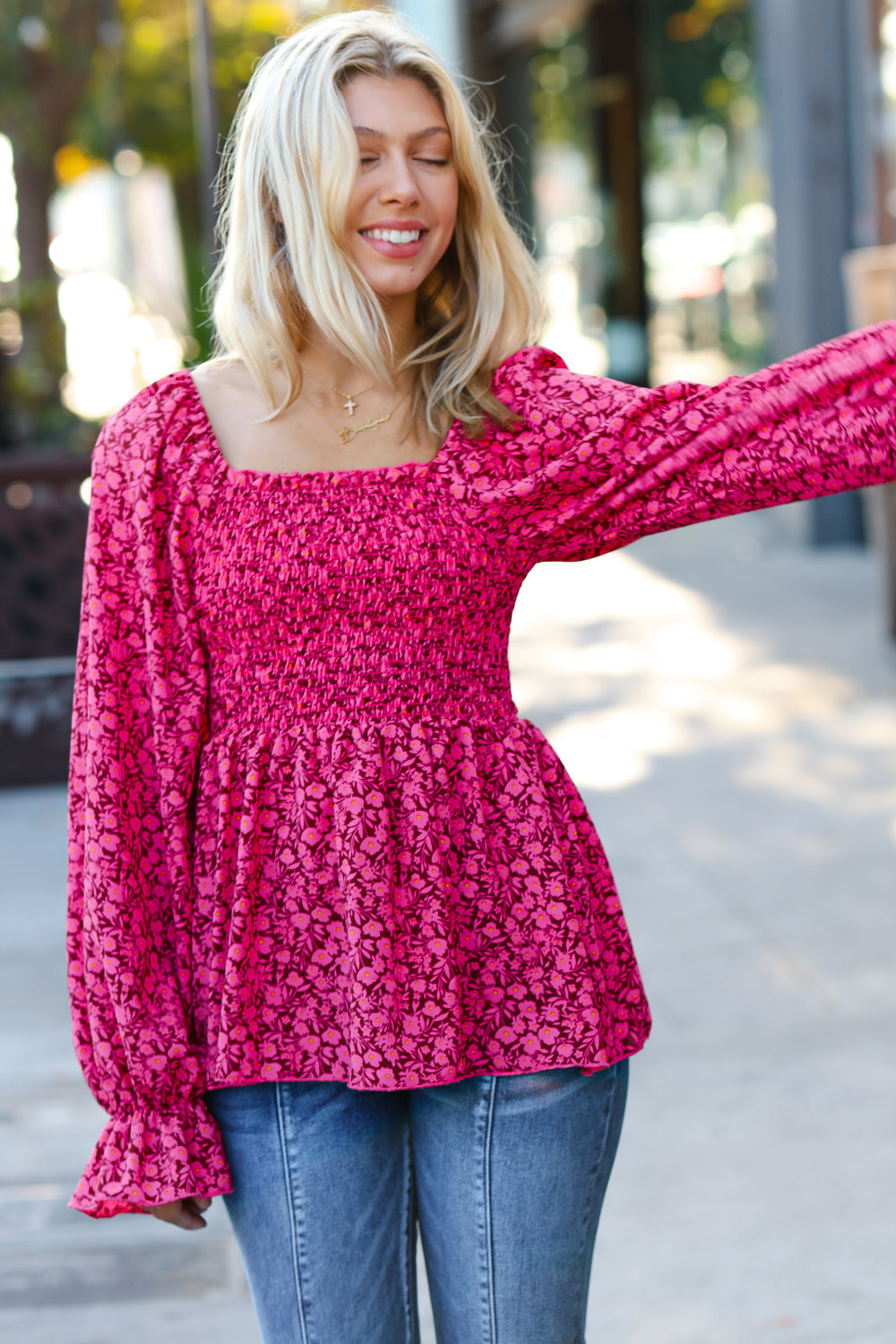 Always With You Smocked Ditzy Floral Ruffle Top • Fuchsia