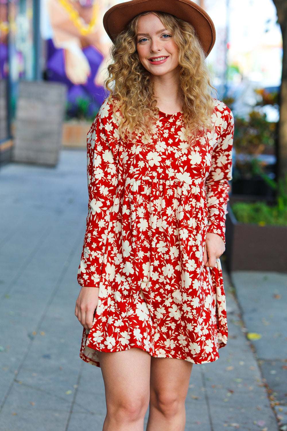 Just Be You Floral Long Sleeve Babydoll Dress • Rust