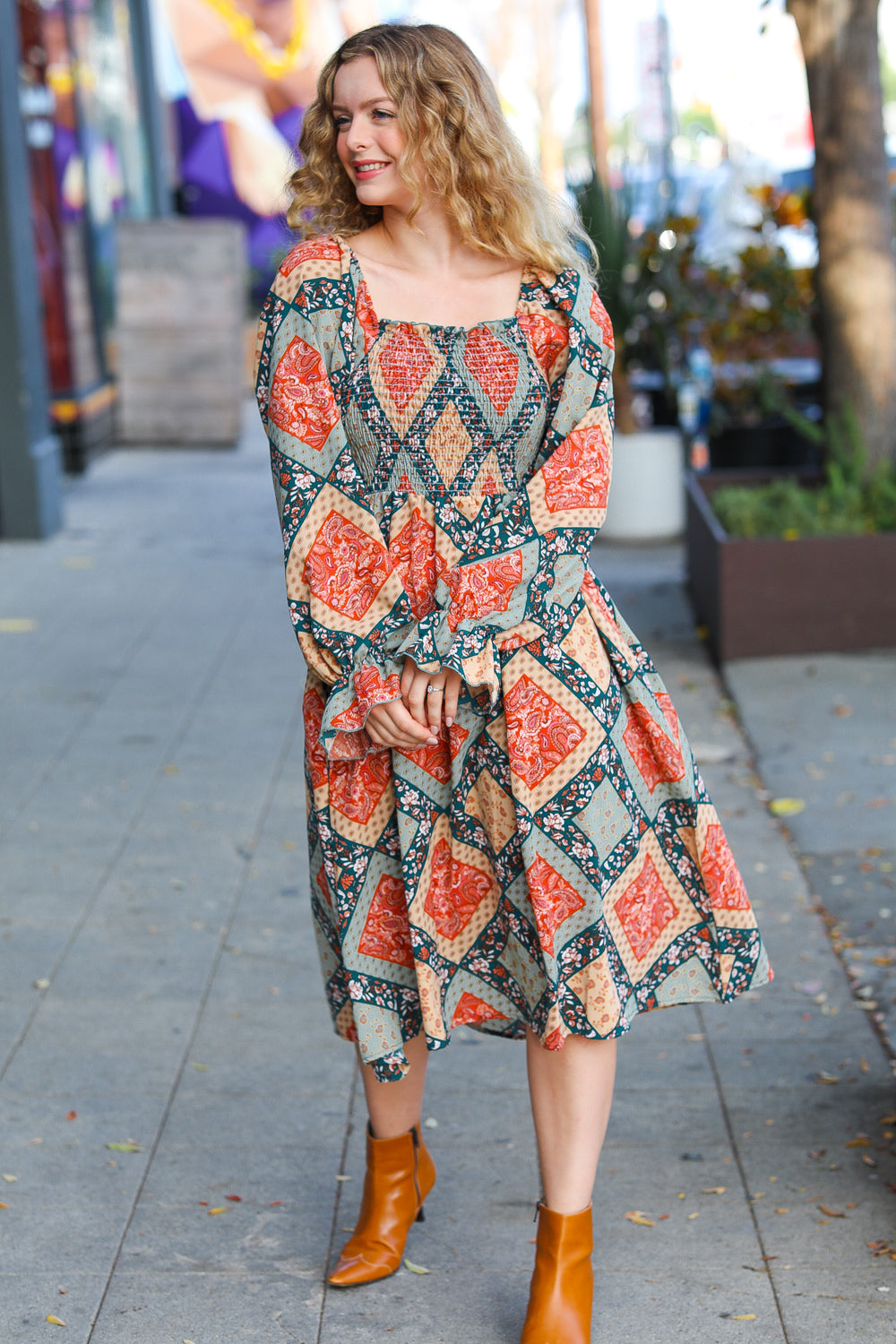 Join Me Later Boho Smocked Woven Midi Dress