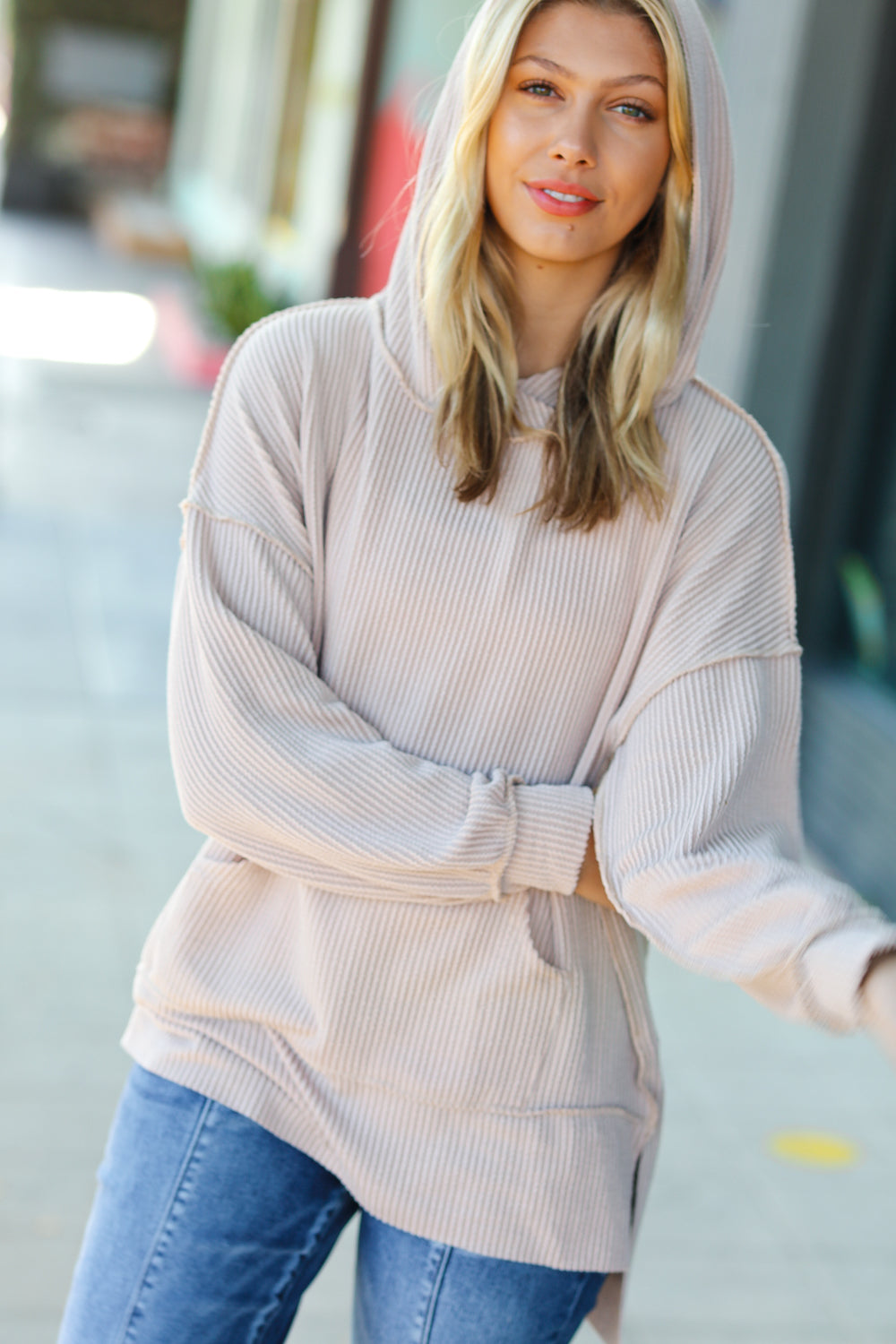 Cozy Up Mineral Wash Rib Knit Hoodie • Taupe