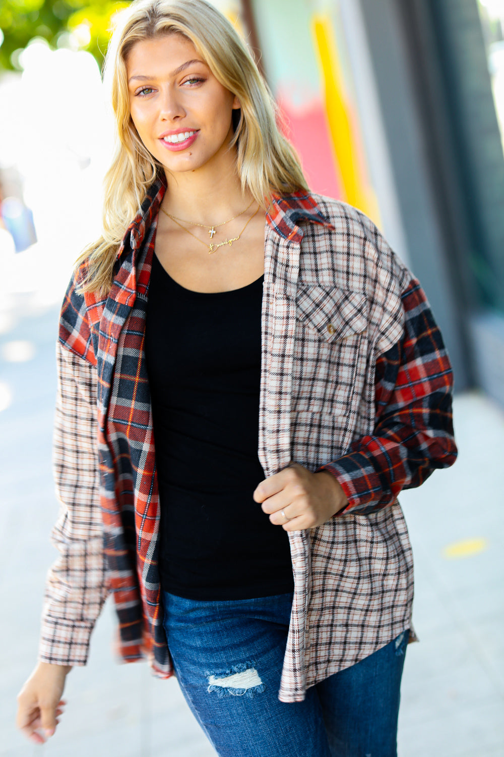Calling On You Plaid Color Block Shacket • Rust