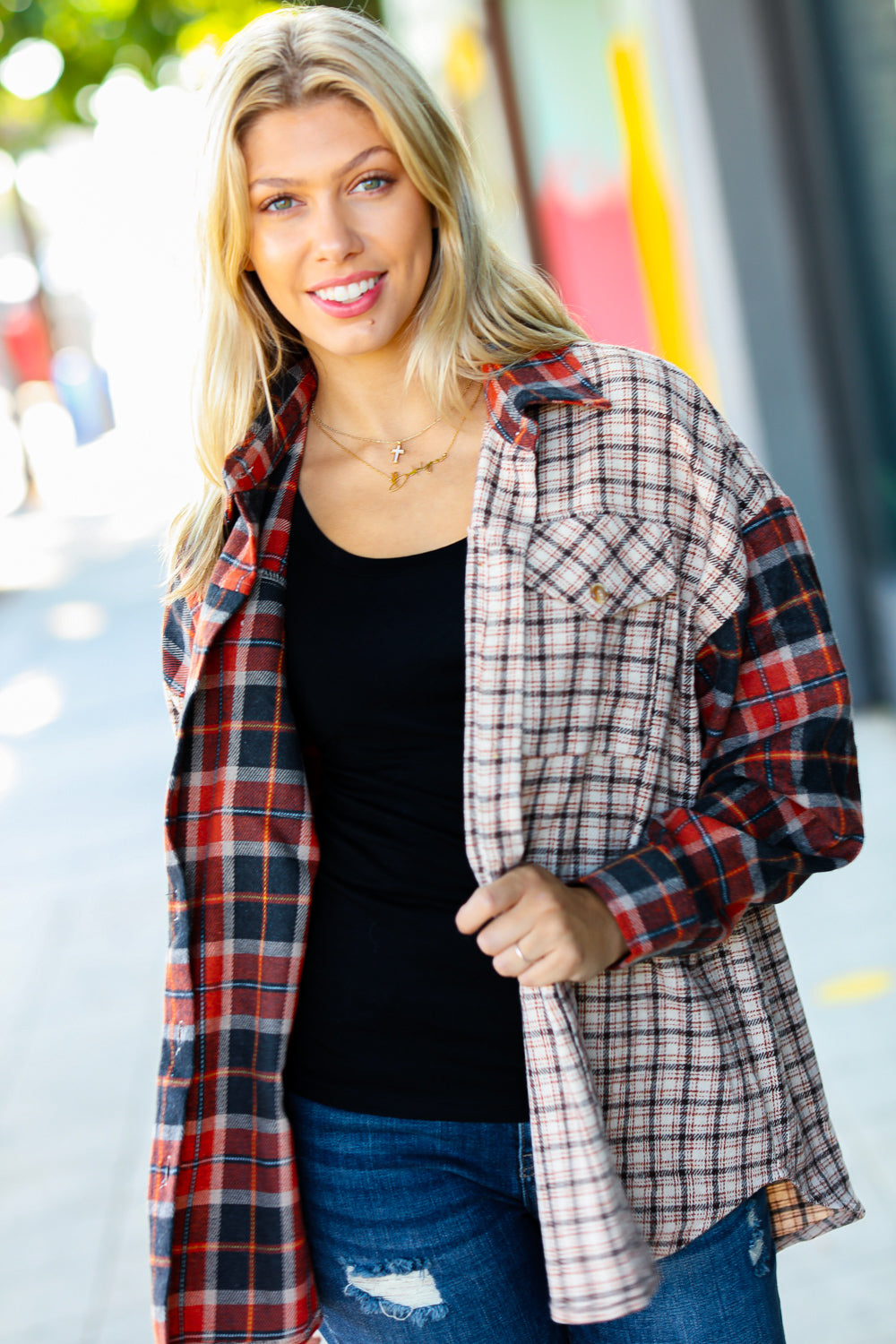 Calling On You Plaid Color Block Shacket • Rust