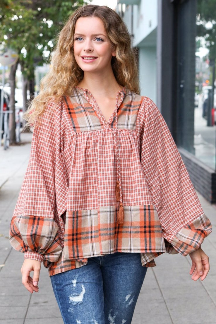 Under Your Spell Plaid Pattern Block Peasant Top