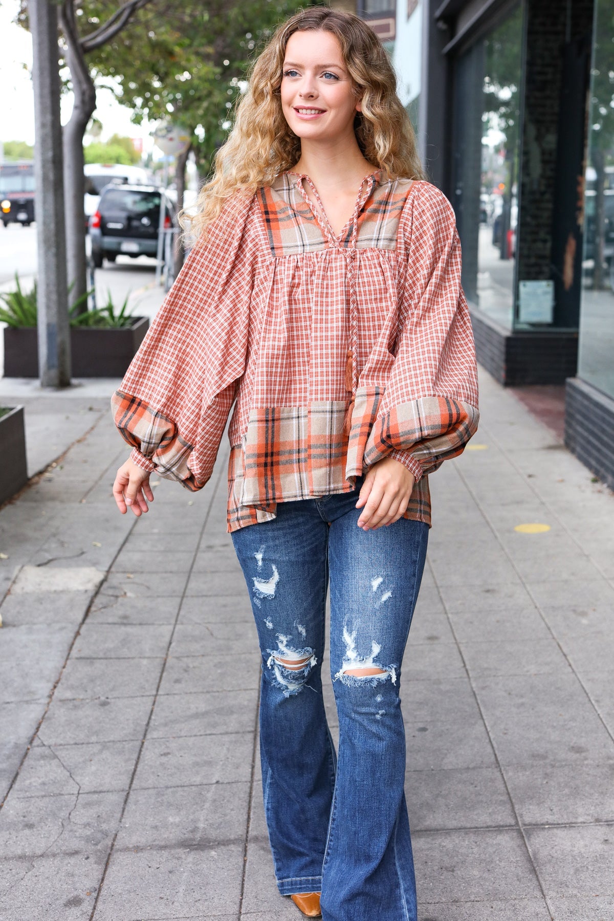 Under Your Spell Plaid Pattern Block Peasant Top